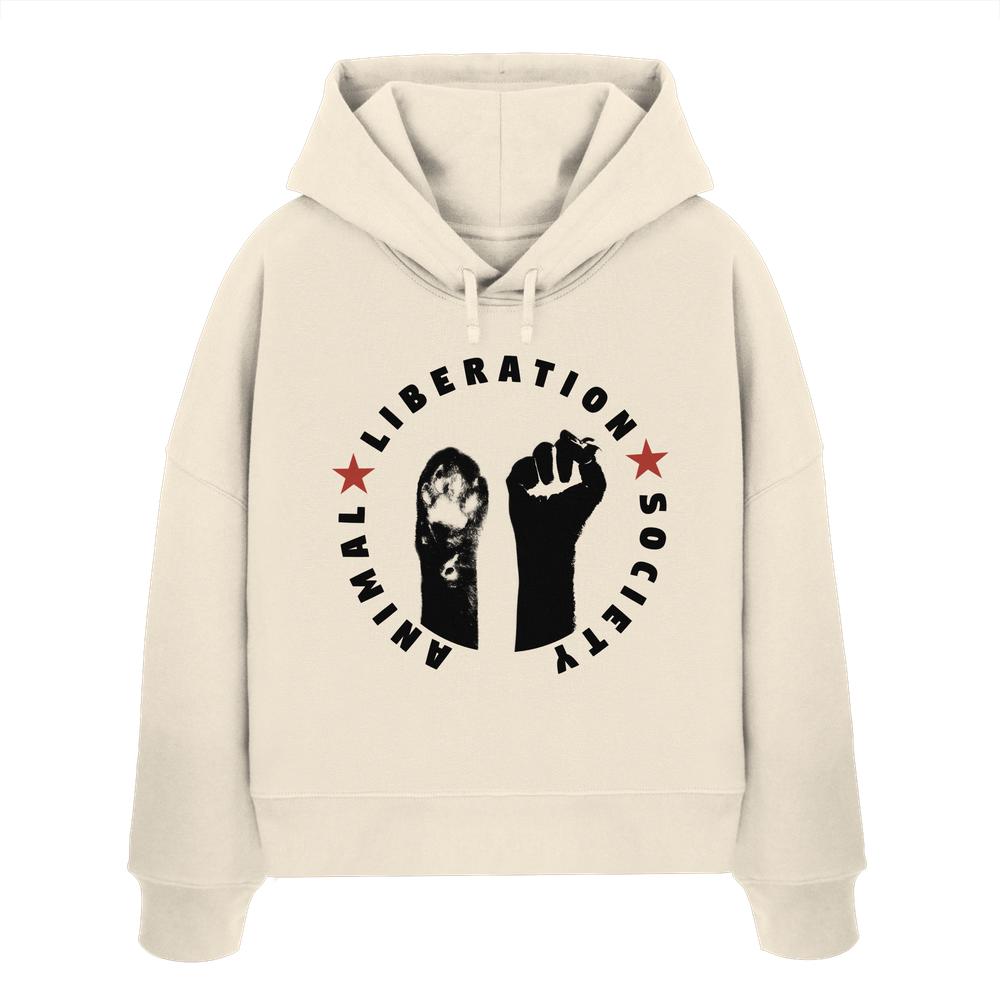 Vegan und Bio Crop Hoodie mit schwarzem Text und Fist- und Pfoten-Logo, symbolisiert Tierbefreiung. Hergestellt aus 100% Bio-Baumwolle.