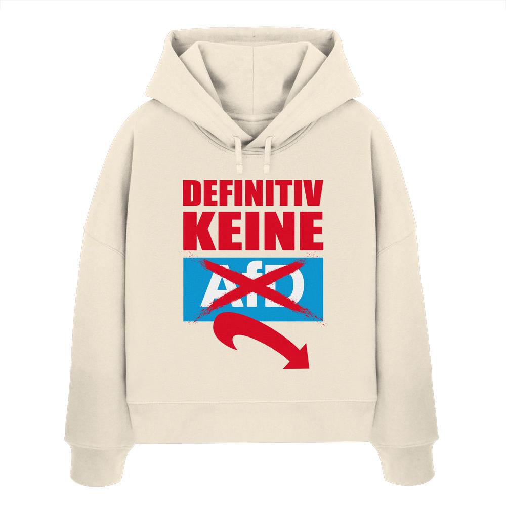 Vegan und Bio Crop Hoodie mit rotem Schriftzug, aus 100% Bio-Baumwolle, Regular Fit, doppellagige Kapuze. Design gegen AfD.