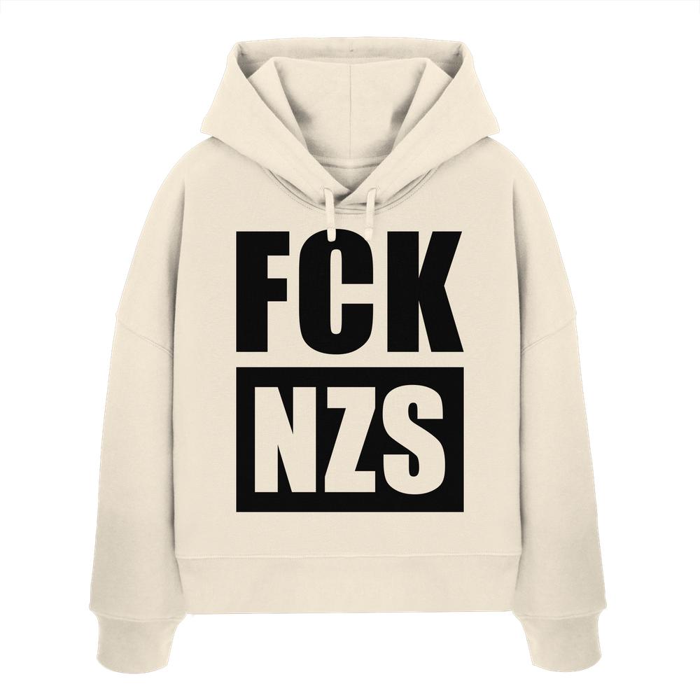 Vegan und Bio Crop Hoodie: FCK NZS, cremefarbener Kapuzenpullover mit schwarzem Druck FCK NZS, aus 100% Bio-Baumwolle, doppellagige Kapuze, reguläre Passform.
