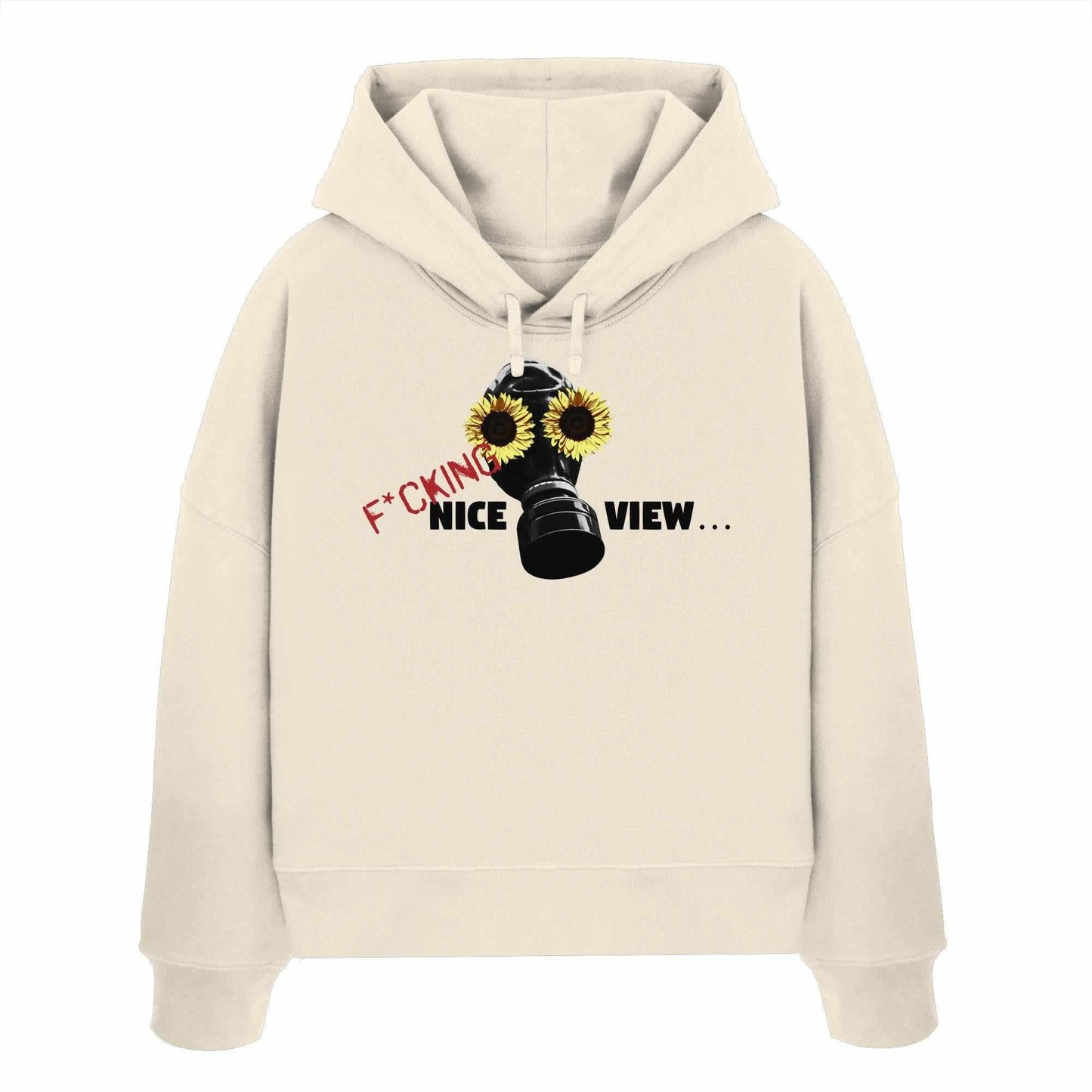 Vegan und Bio Crop Hoodie: Sunflower Mask - F*cking nice view... zeigt eine schwarze Gasmaske mit Sonnenblumenmotiv auf weißem Hoodie, ideal für rebellische, umweltbewusste Mode.