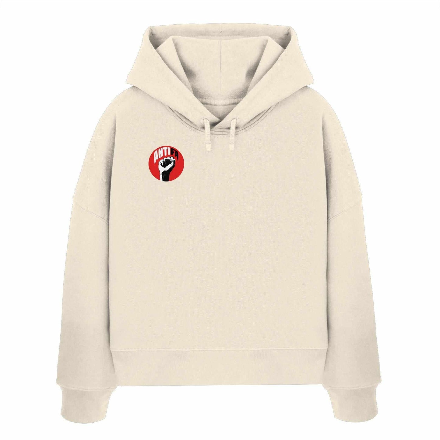 Vegan und Bio Crop Hoodie: Antifa - Gemeinsam gegen Rechts, weißer Hoodie mit roter Faust, kämpferisches Design, 100% Bio-Baumwolle, umweltfreundlich und vegan hergestellt.
