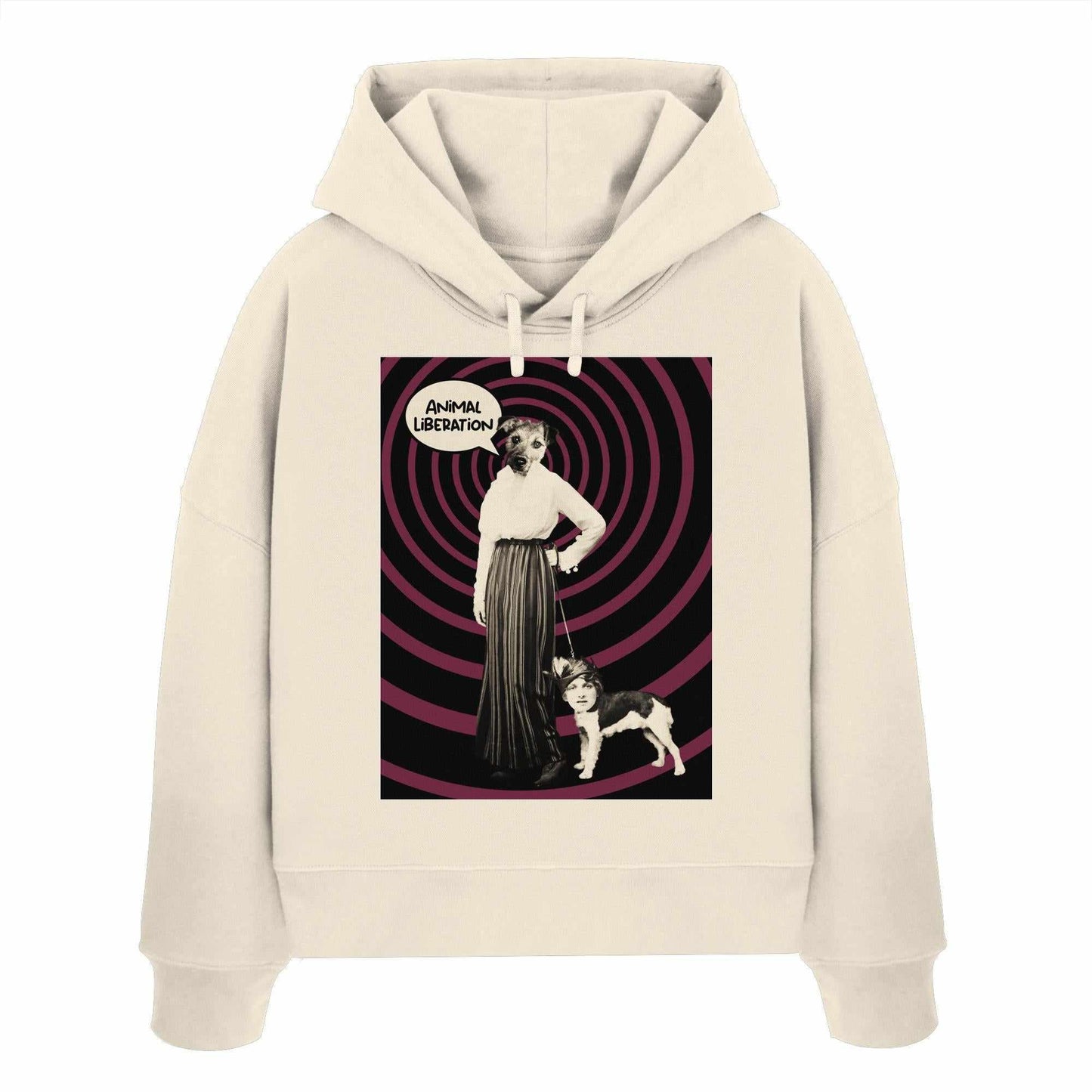 Vegan und Bio Crop Hoodie: Upside Down - Animal Liberation, zeigt eine digitale Collage mit Frau und Hund. Hergestellt aus 100% Bio-Baumwolle, abfallende Schultern, doppellagige Kapuze.