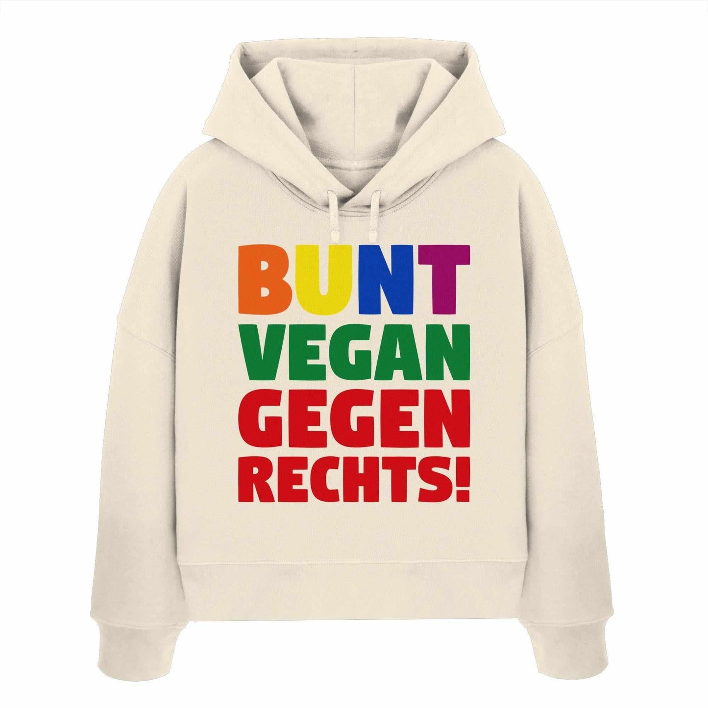 Vegan und Bio Crop Hoodie mit buntem, rebellischem Print und doppelter Kapuze, inspiriert von Toleranz und Tierrechten. Hergestellt aus 100% Bio-Baumwolle.