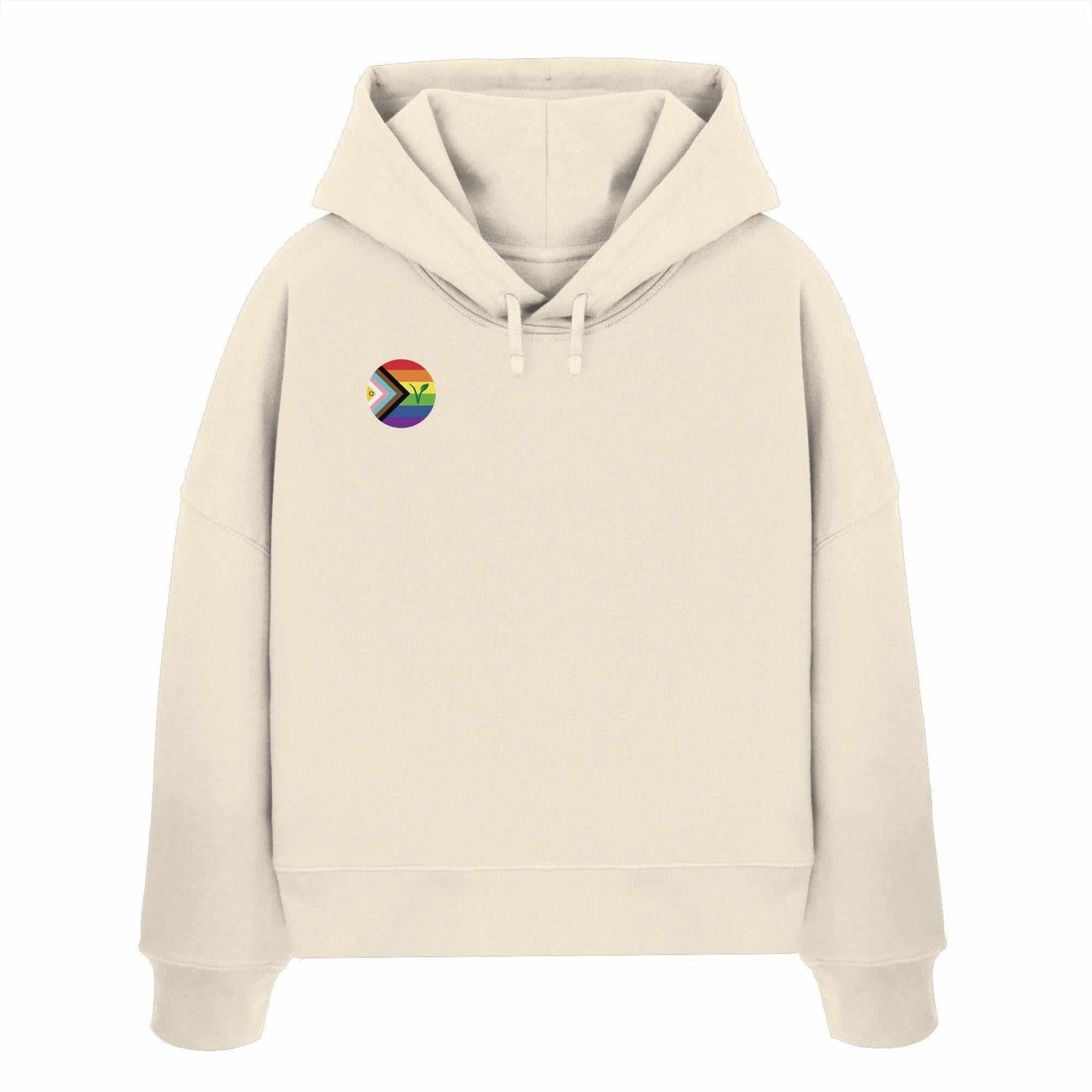 Vegan und Bio Crop Hoodie: LGBTQIA+ VEGANe, weiß mit Regenbogen-Logo und grünem Blatt, aus 100% Bio-Baumwolle, doppellagiger Kapuze, abfallende Schultern.