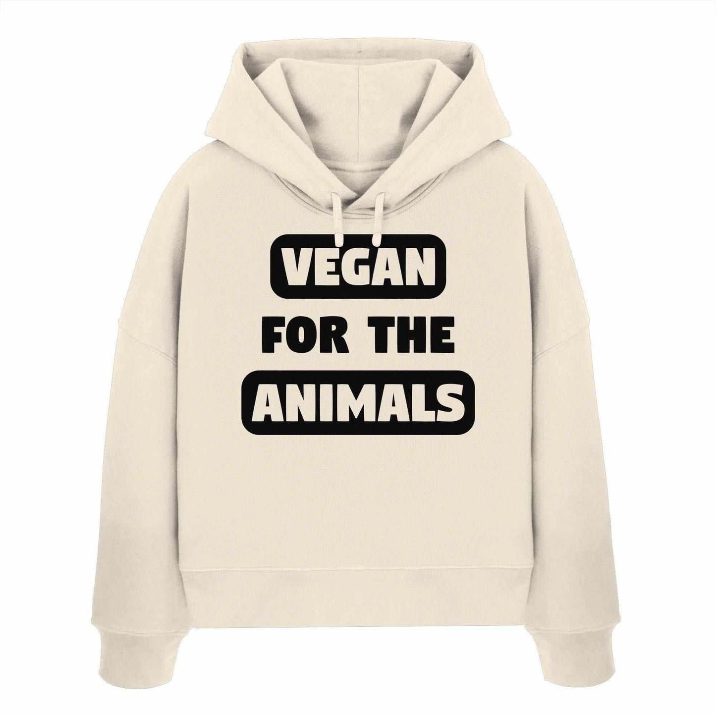 Vegan und Bio Crop Hoodie mit schwarzem Text VEGAN FOR THE ANIMALS, aus 100% Bio-Baumwolle, reguläre Passform, doppellagige Kapuze, Teil der RUDE REBEL Kollektion.