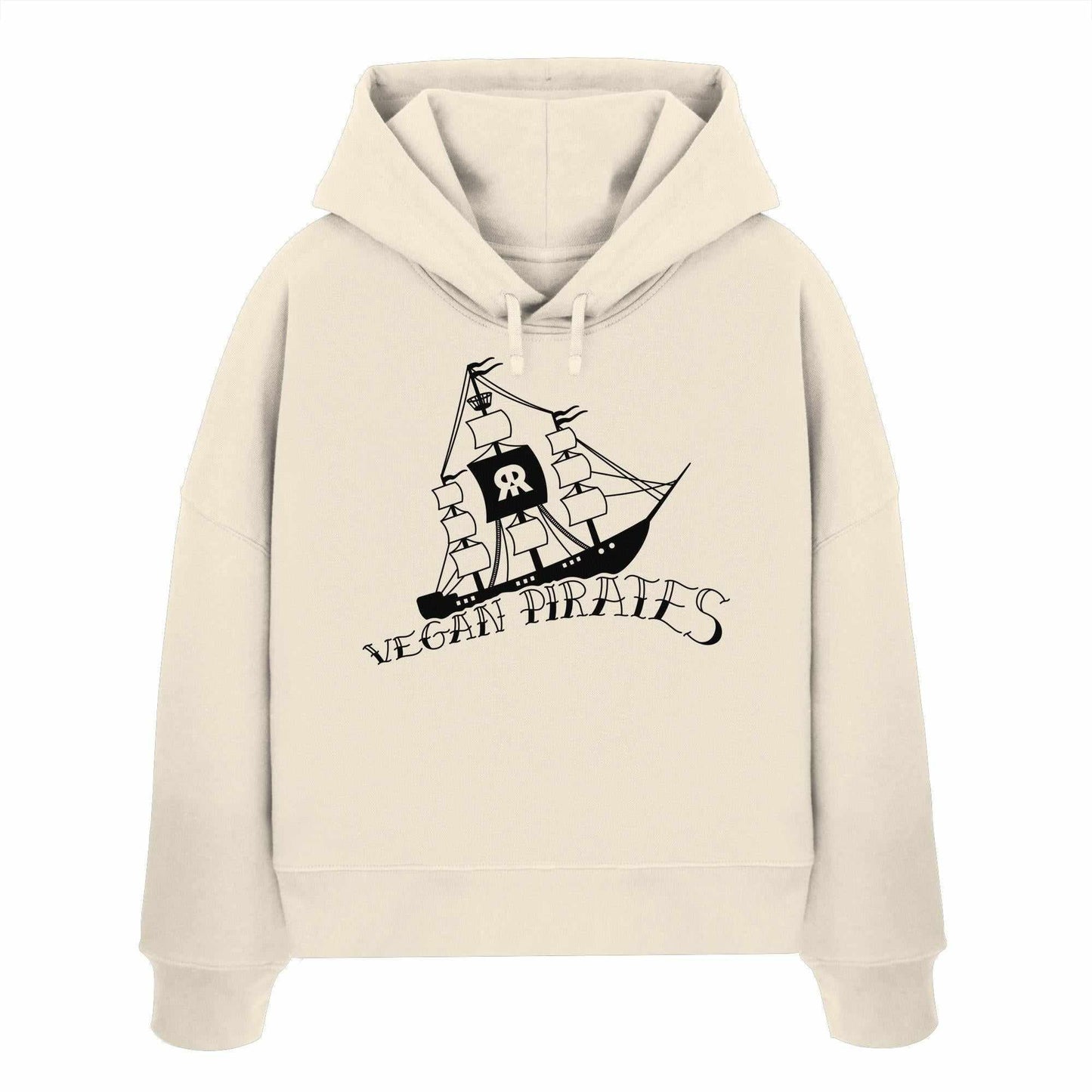 Vegan und Bio Crop Hoodie: Weiße Kapuzenjacke mit Piratenschiff-Logo, aus 100% Bio-Baumwolle, abfallende Schultern, doppellagige Kapuze, rebellisches Design von RUDE REBEL.