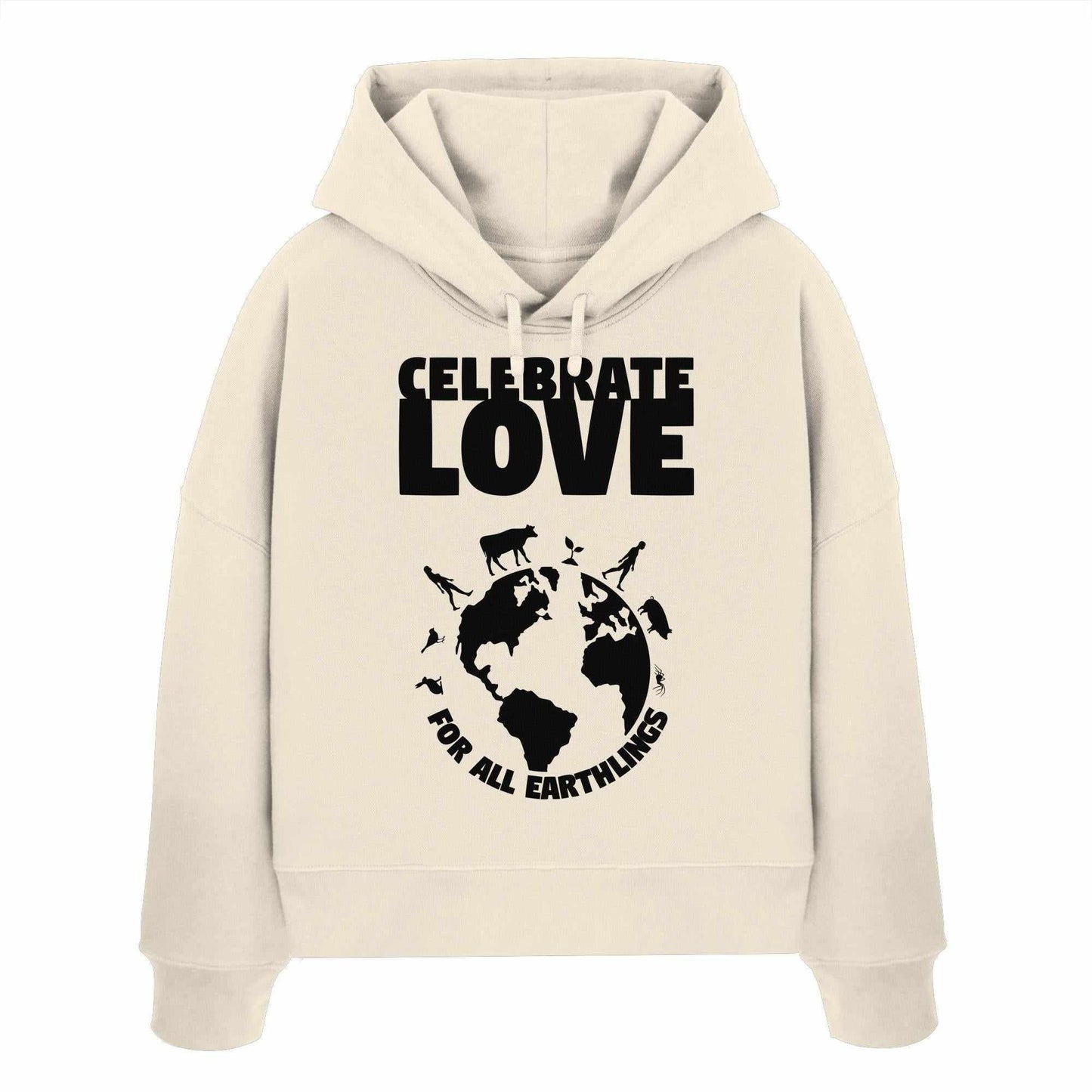 Vegan und Bio Crop Hoodie mit grafischem Print, der Veganismus und Gleichheit feiert. Hergestellt aus 100% Bio-Baumwolle, ideal für nachhaltige Mode.