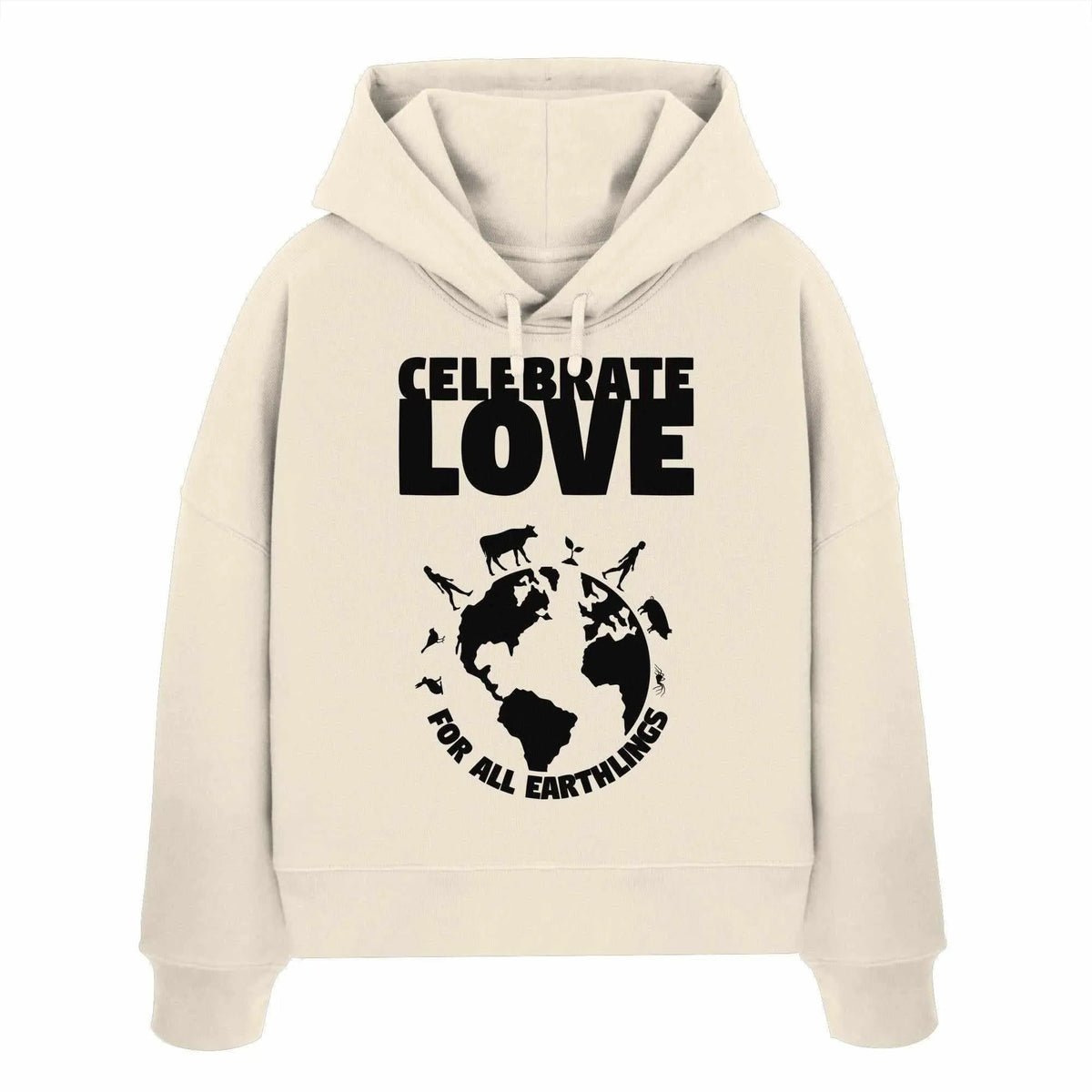 Crop-Hoodie in Naturbeige mit Kapuze, Kordeln und großem Frontprint „Celebrate Love“.