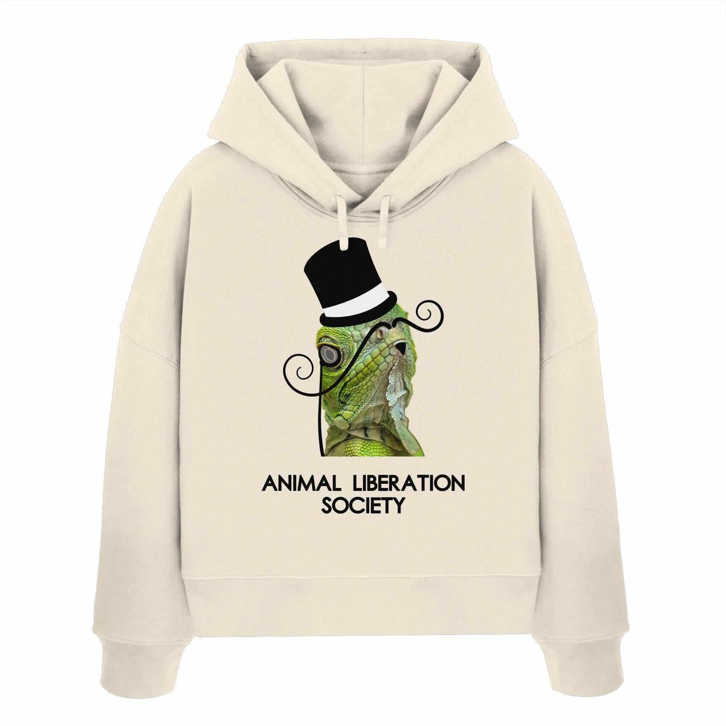 Vegan und Bio Crop Hoodie mit stilisiertem Sir Reptile-Motiv, das einen Hut und Schnurrbart trägt, inspiriert von der Animal Liberation Society.