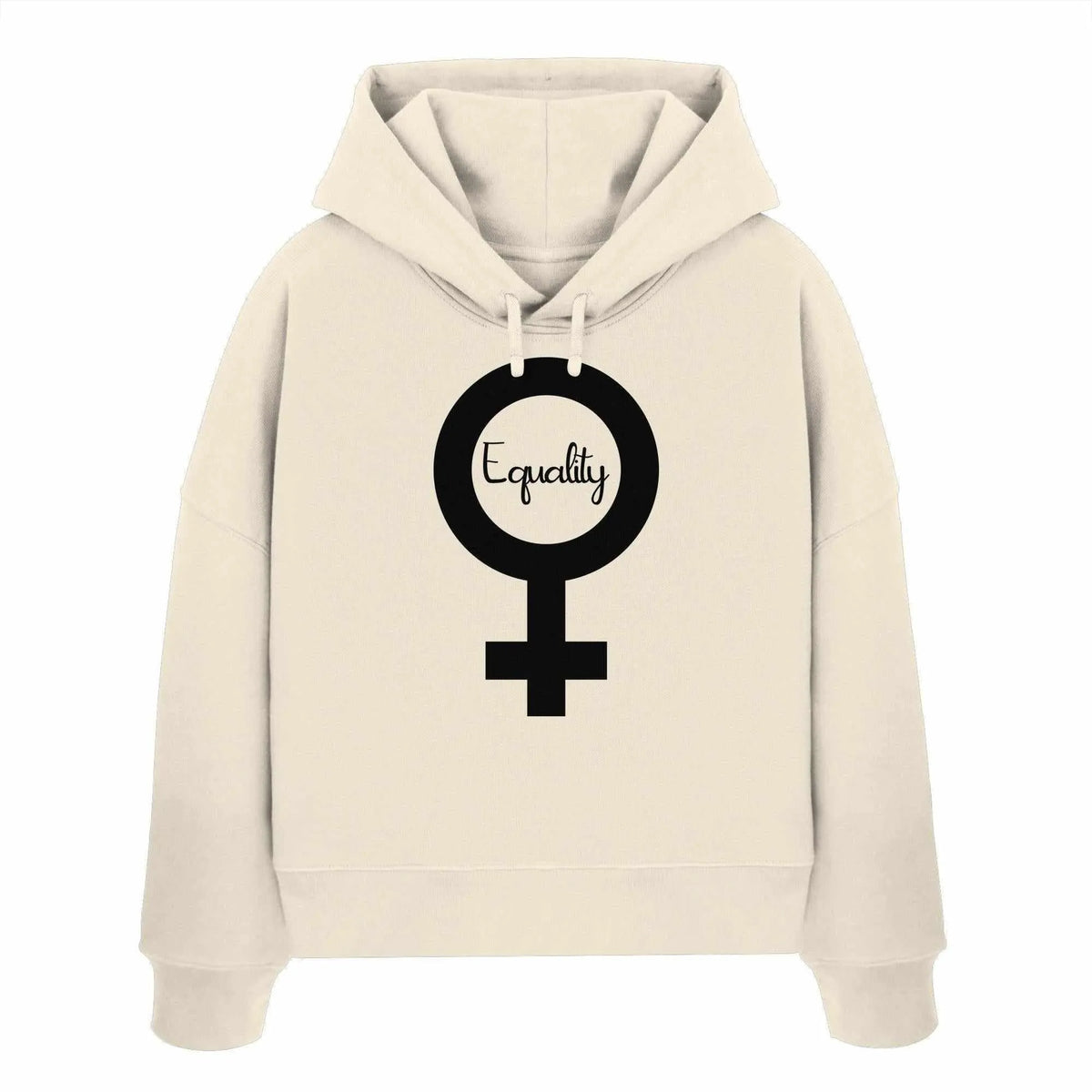 Crop-Hoodie in Naturbeige mit Kapuze und Kordel; großer Equality-Symbol-Druck vorn