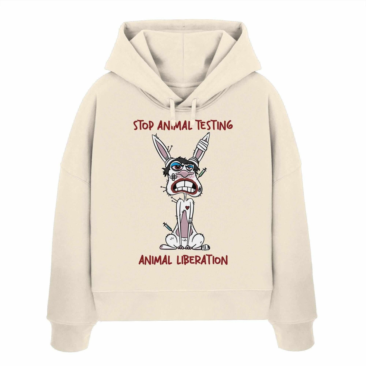 Vegan und Bio Crop Hoodie mit Cartoon-Häschen und STOP ANIMAL TESTING!-Design, aus 100% Bio-Baumwolle, symbolisiert Tierrechtsbewusstsein.