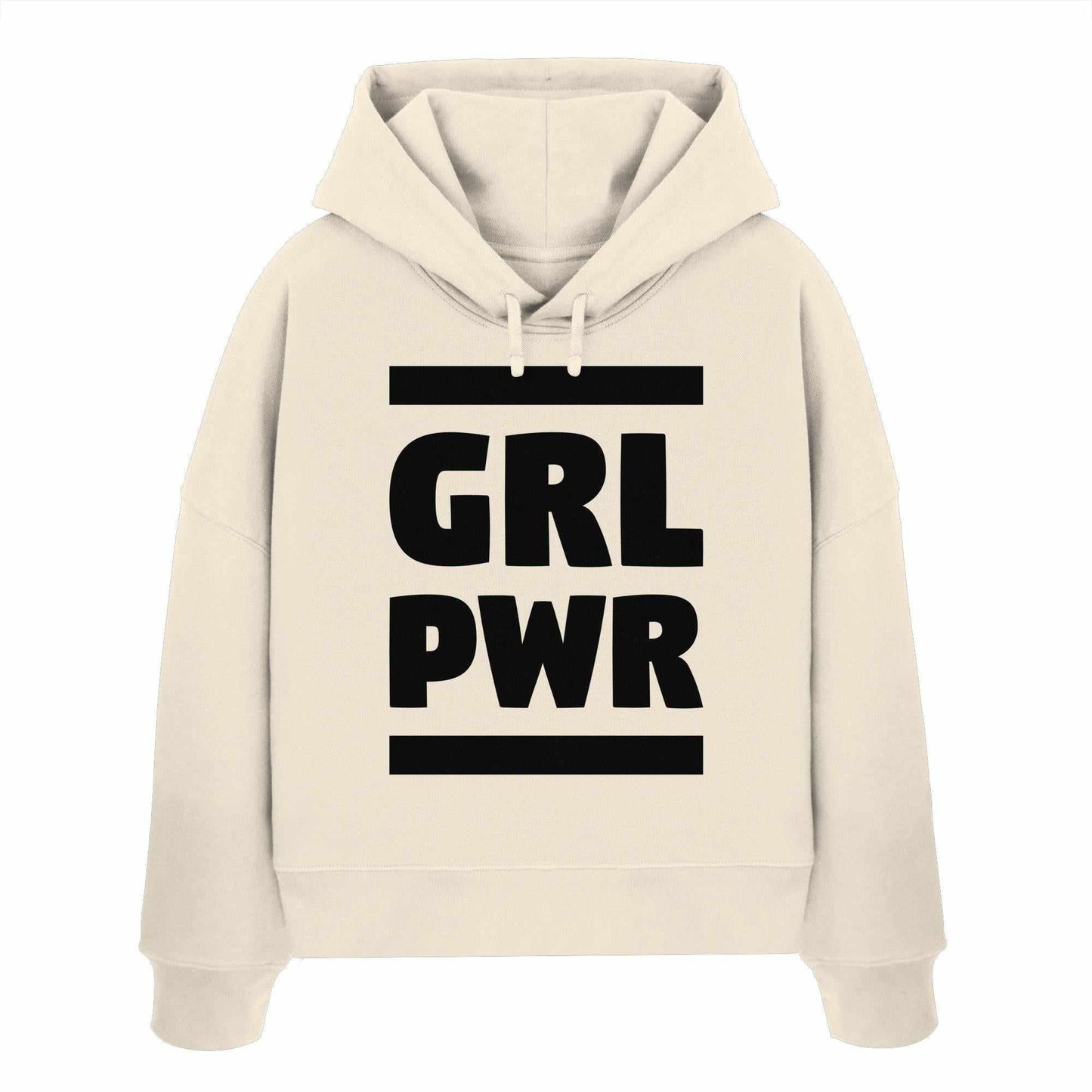 Vegan und Bio Crop Hoodie: GIRL POWER mit feministischer Botschaft, weiß mit schwarzem Text. Hergestellt aus 100% Bio-Baumwolle, von RUDE REBEL.