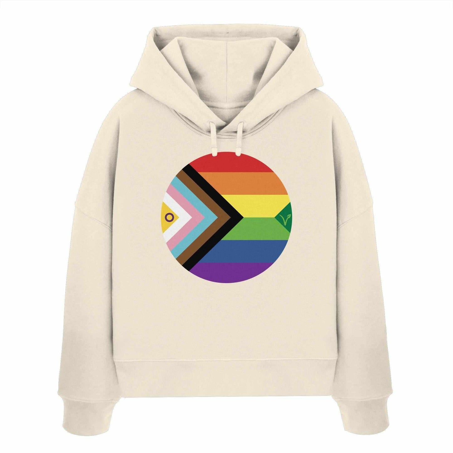 Vegan und Bio Crop Hoodie: LGBTQAI+ Veganismus, weißer Hoodie mit Regenbogenkreis, verkörpert vegane und nachhaltige Mode von RUDE REBEL, aus 100% Bio-Baumwolle.