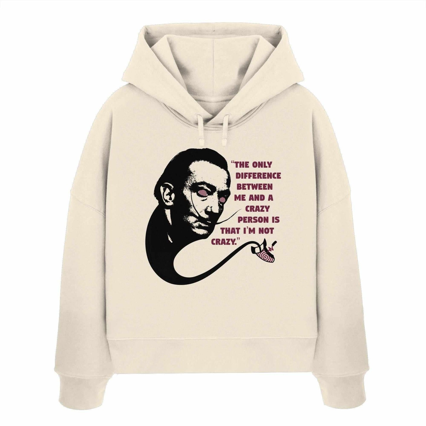 Vegan und Bio Crop Hoodie Crazy Dali mit surrealistischem Design, Gesicht und Text, aus 100% Bio-Baumwolle, regular fit, doppellagige Kapuze.