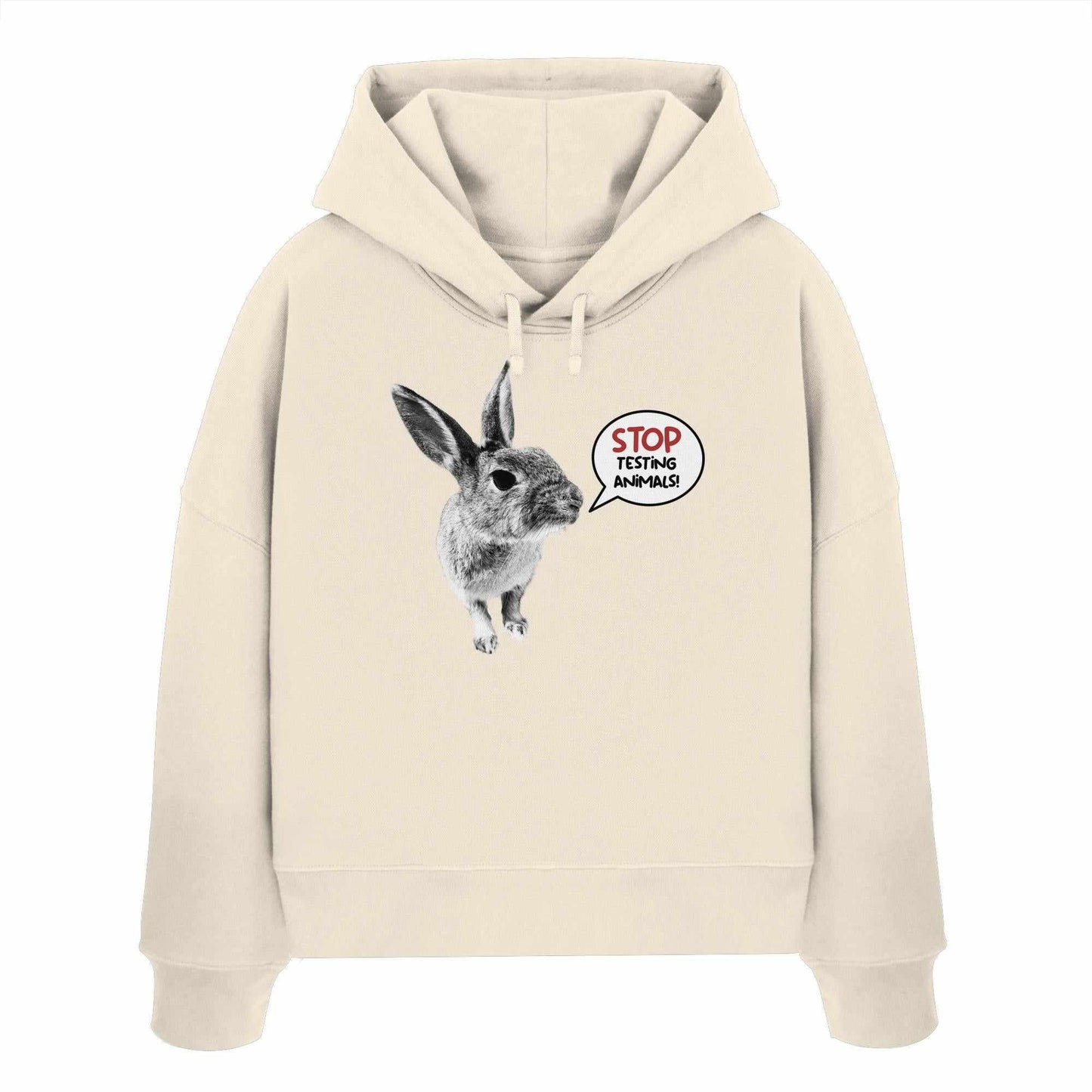 Vegan und Bio Crop Hoodie: Cute Rabbit mit schwarzem Kaninchenmotiv und STOP ANIMAL TESTING!-Slogan, aus 100% Bio-Baumwolle, von RUDE REBEL.