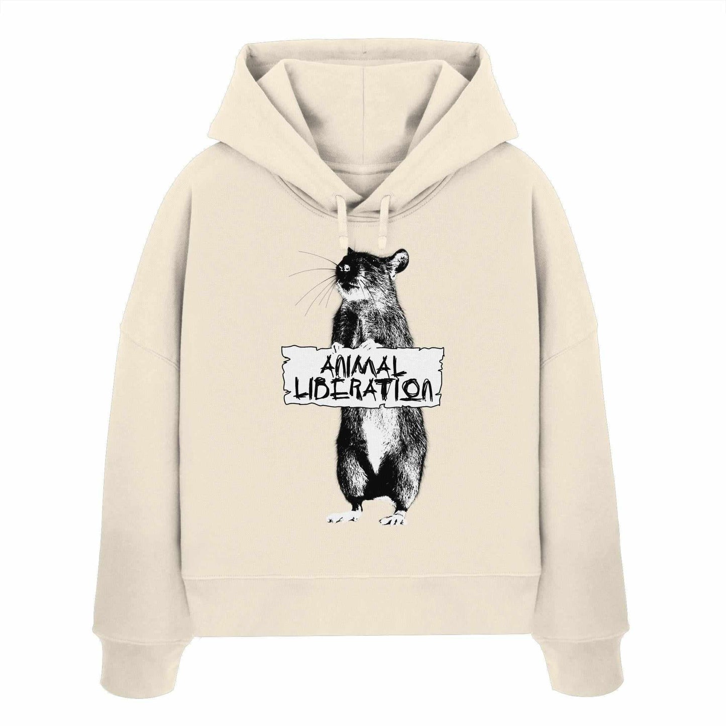 Vegan und Bio Crop Hoodie mit Ratten-Motiv im Banksy-Stil, inspiriert von Street Art zur Tierbefreiung, aus 100% Bio-Baumwolle.