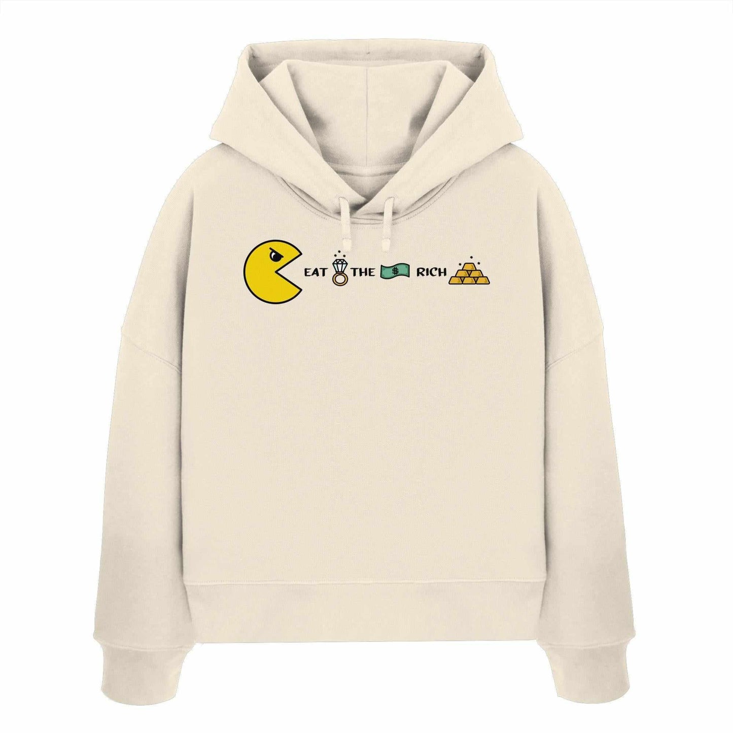 Vegan und Bio Crop Hoodie: PAC-MAN - Eat the rich, weißer Hoodie mit gelbem Cartoon-Charakter, doppellagige Kapuze, Bio-Baumwolle, rebellisches Design von RUDE REBEL.