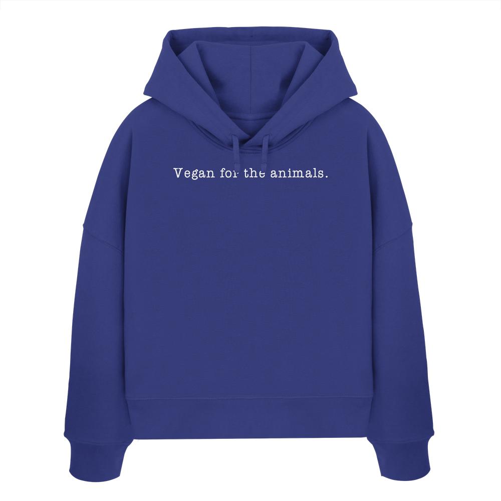 Minimalism Design - Vegan for the animals. - Damen Bio-Boxcut Hoodie mit weißem Text auf blauer Kapuze, aus 100% Bio-Baumwolle, von RUDE REBEL.