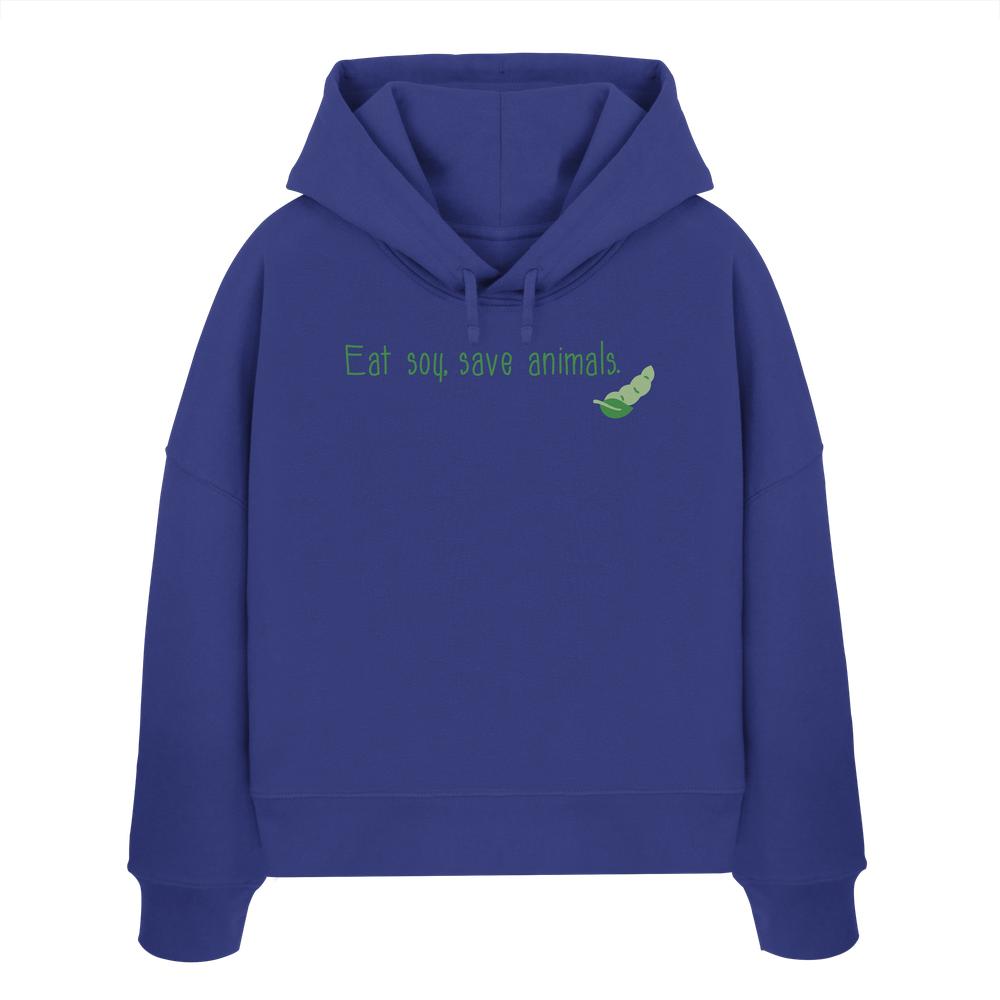 Vegan und Bio Crop Hoodie mit grünem Text und Pea-Logo, aus 100% Bio-Baumwolle, symbolisiert Veganismus: „Eat soy, save animals.“