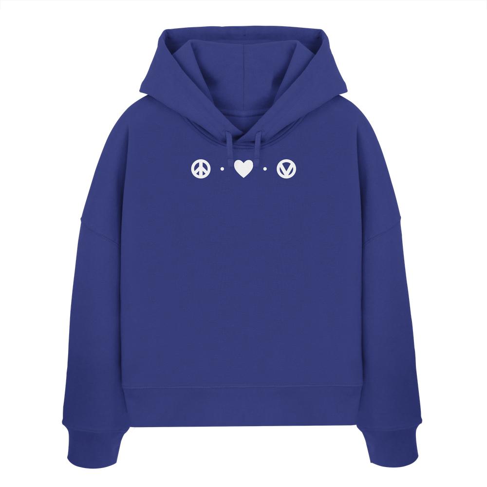 Vegan und Bio Crop Hoodie: Peace - Love - Veganism, blauer Hoodie mit weißen Friedenssymbolen, aus 100% Bio-Baumwolle, doppellagige Kapuze, lässiger Look.