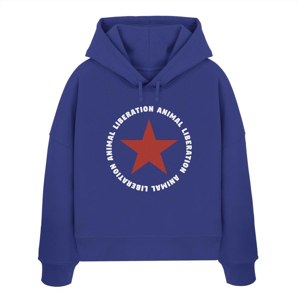 Vegan und Bio Crop Hoodie: Red Star und Animal Liberation, blauer Hoodie mit rotem Stern-Motiv, Bio-Baumwolle, doppellagige Kapuze, Regular Fit, abfallende Schultern.