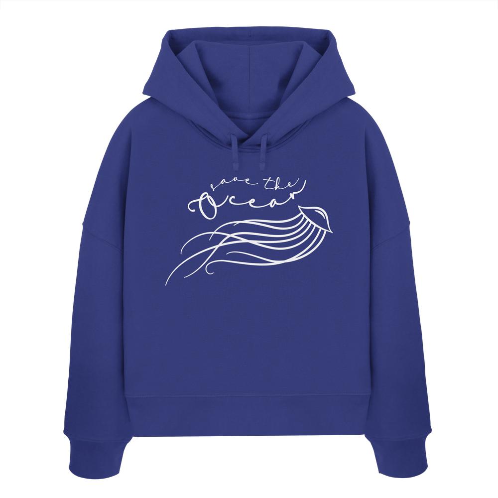 Vegan und Bio Crop Hoodie mit Qualle und Save the Ocean-Aufdruck, hergestellt aus 100% Bio-Baumwolle, doppellagige Kapuze, abfallende Schultern, nachhaltiges Design.