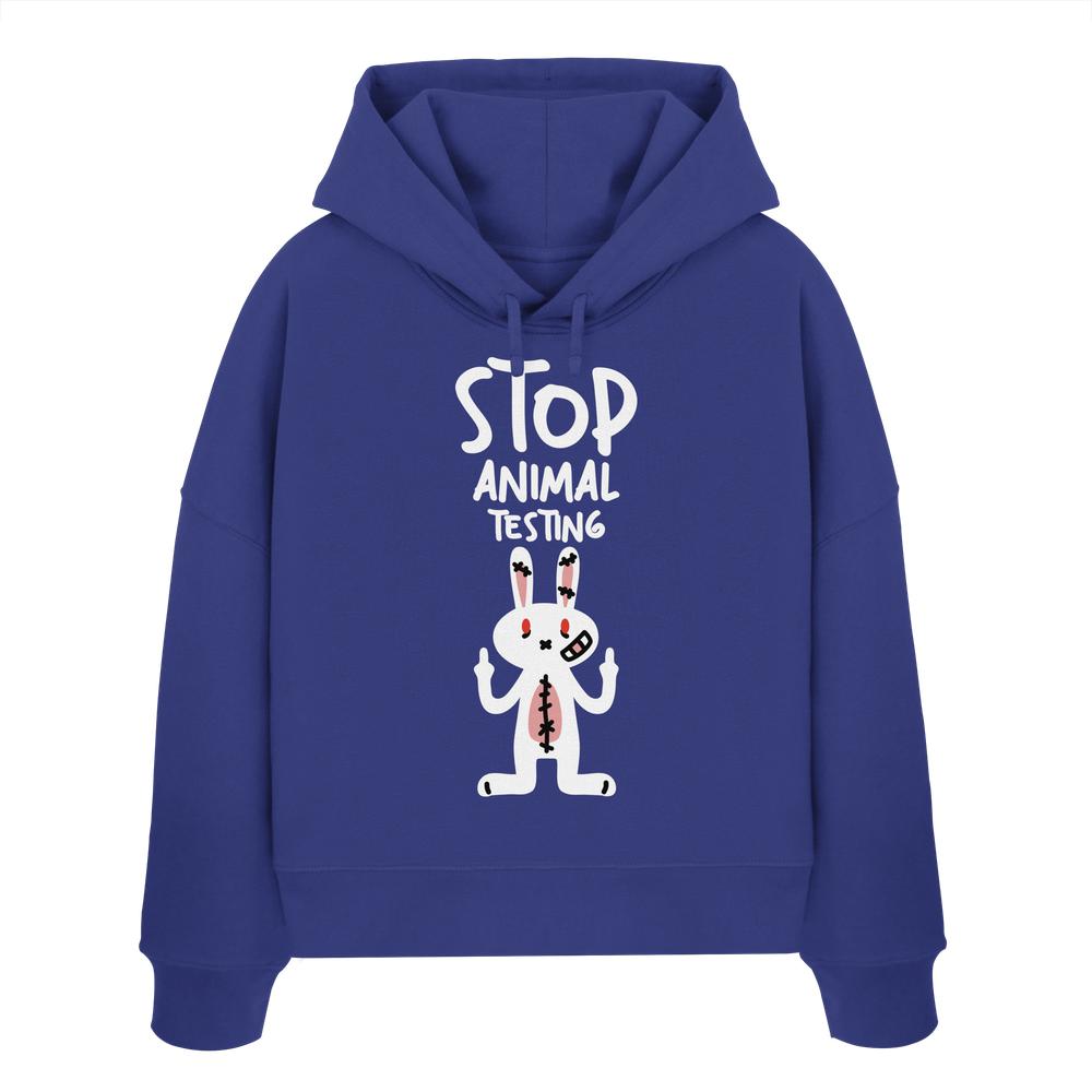 Crop-Hoodie Blau mit Kapuze, Kordelzug und Frontprint mit Kaninchen „Stop Animal Testing“
