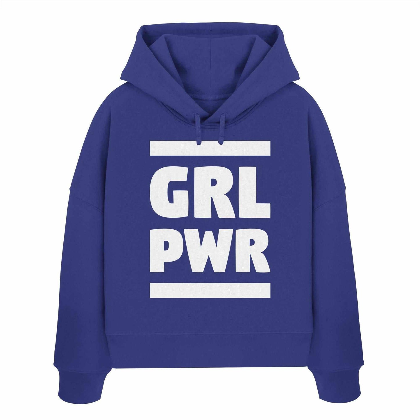 Vegan und Bio Crop Hoodie: GIRL POWER mit feministischer Botschaft, aus 100% Bio-Baumwolle, regular Fit, doppellagige Kapuze, abfallende Schultern.