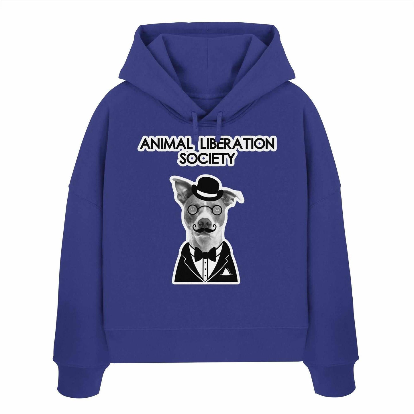 Vegan und Bio Crop Hoodie: Mr. Dog - Animal Liberation Society mit Hunde-Design, doppellagiger Kapuze und abfallenden Schultern, aus 100% Bio-Baumwolle.