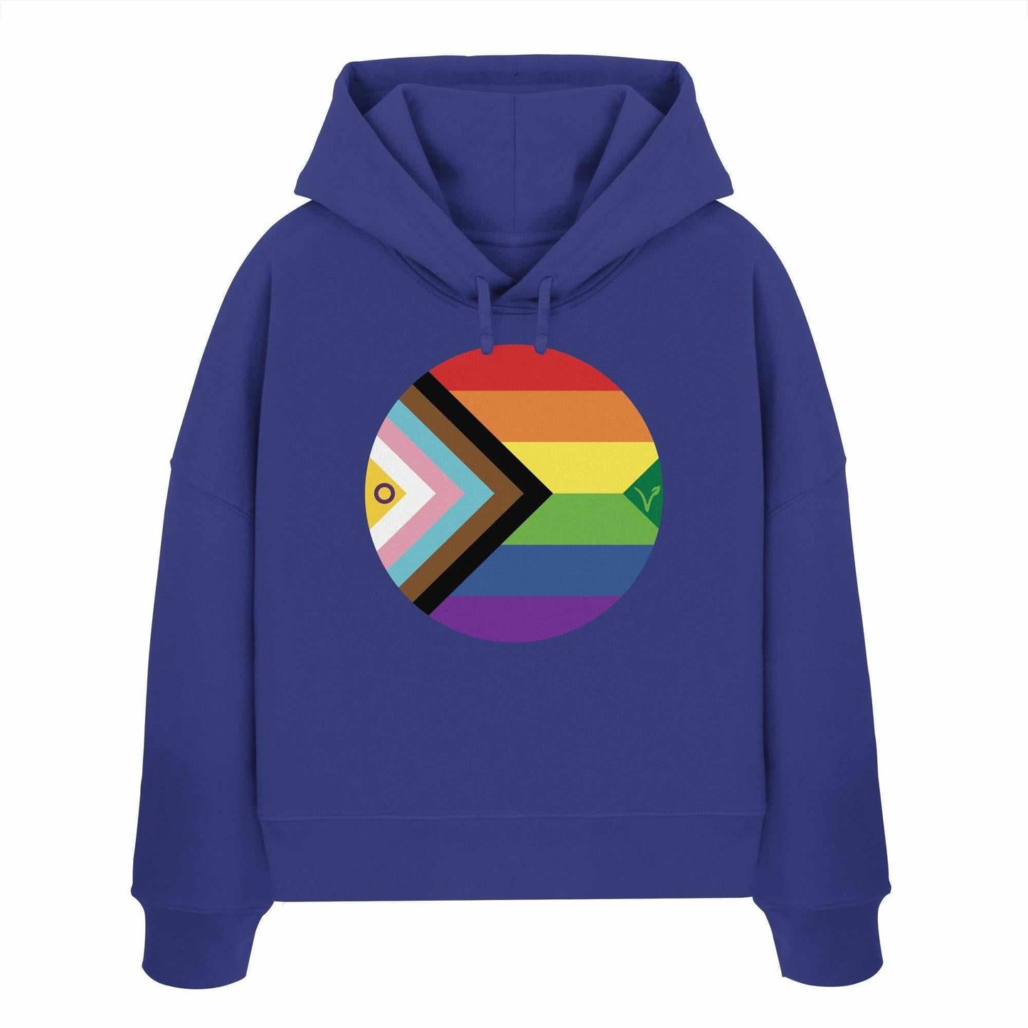 Vegan und Bio Crop Hoodie: LGBTQAI+ Veganismus, blauer Hoodie mit Regenbogenkreis, doppellagige Kapuze, 100% Bio-Baumwolle, nachhaltiges Design von RUDE REBEL.