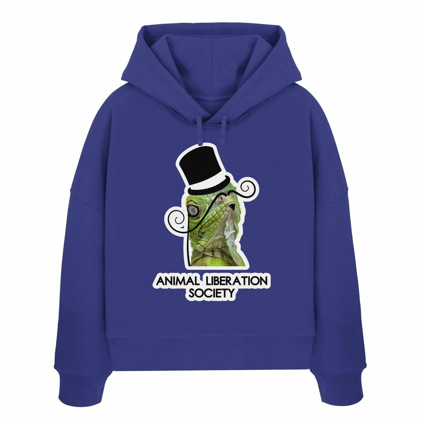 Vegan und Bio Crop Hoodie: Sir Reptile - Animal Liberation Society mit Lizard-Motiv und Hut, doppellagige Kapuze, aus 100% Bio-Baumwolle, reguläre Passform.
