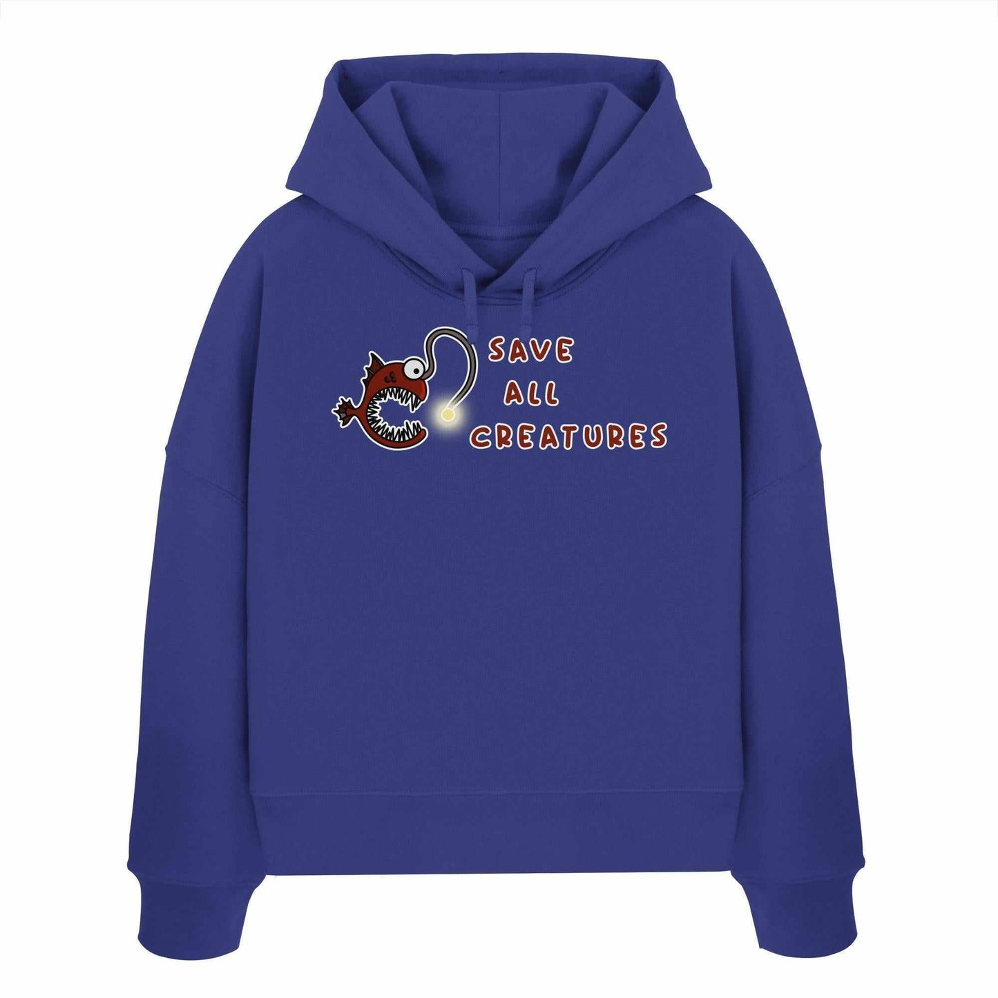 Vegan und Bio Crop Hoodie: Weird Frogfish mit Cartoon-Anglerfisch und Hakenmotiv, aus 100% Bio-Baumwolle, Regular Fit, doppellagige Kapuze.