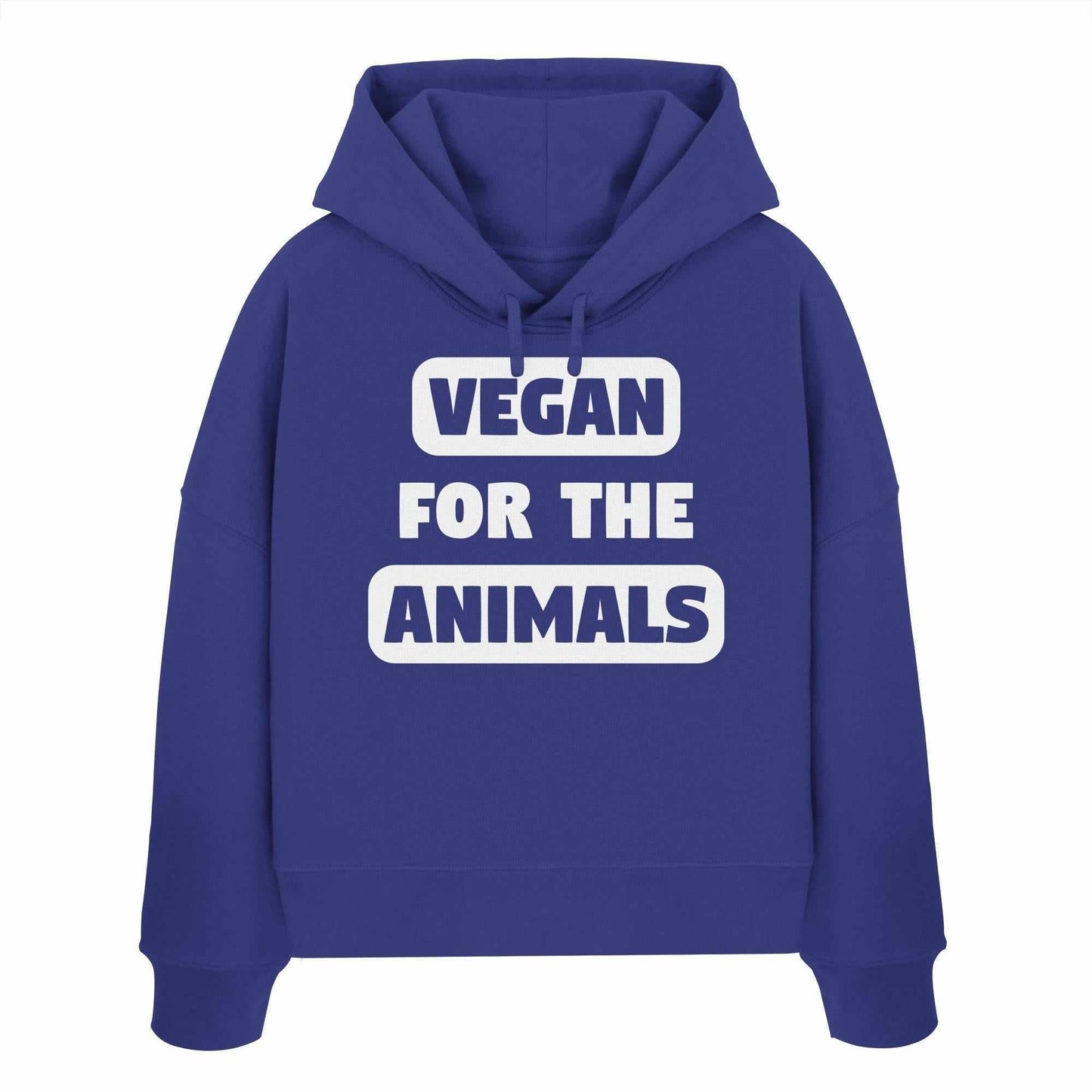 Vegan und Bio Crop Hoodie: VEGAN FOR THE ANIMALS, blauer Hoodie aus Bio-Baumwolle mit weißem Text, abfallende Schultern, doppellagige Kapuze, rebellisches Design von RUDE REBEL.