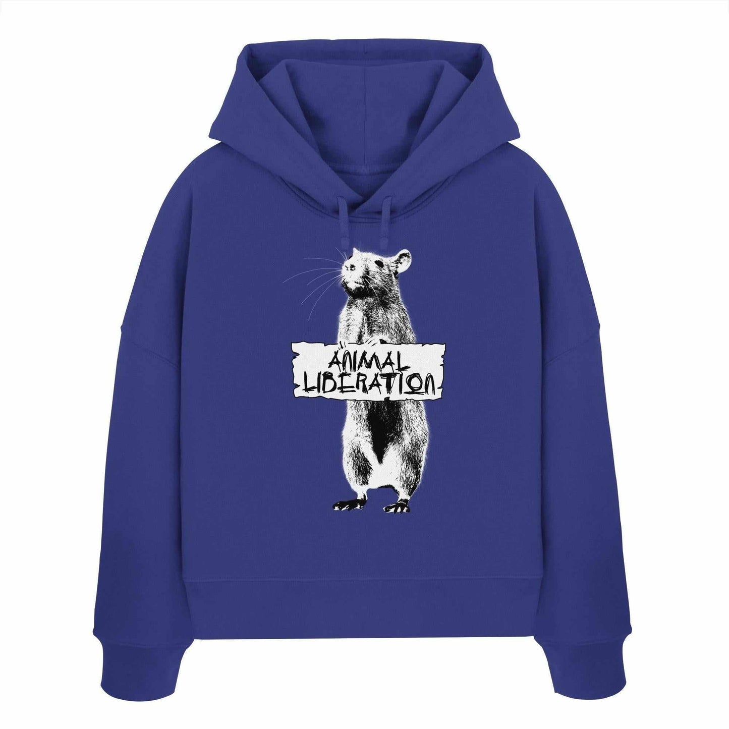 Vegan und Bio Crop Hoodie mit Bär und Schild, inspiriert von Banksy, aus 100% Bio-Baumwolle, doppellagige Kapuze, rebellisches Design für Tierrechte.