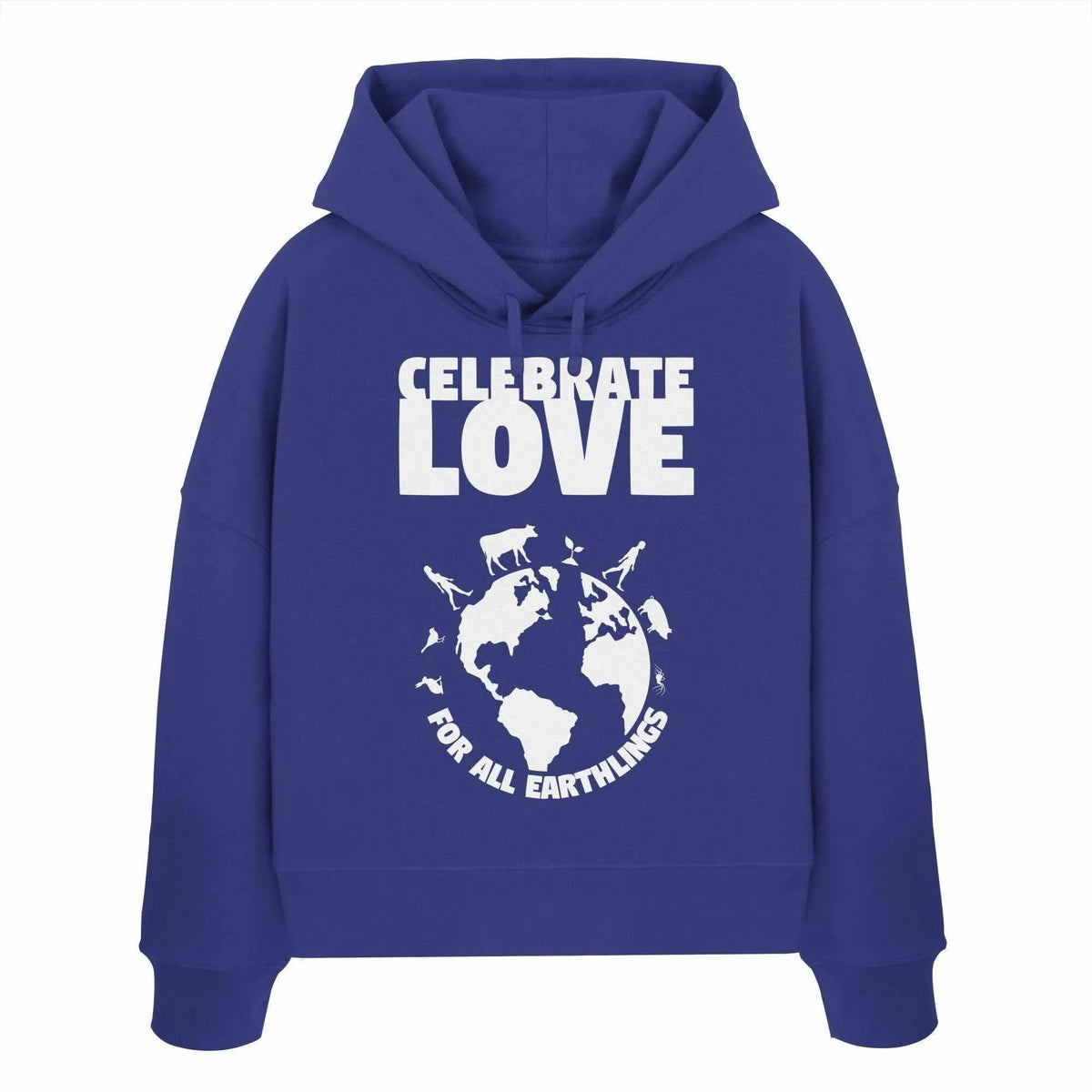 Crop-Hoodie in kräftigem Blau mit Kapuze, Kordeln und großem Frontprint „Celebrate Love“.