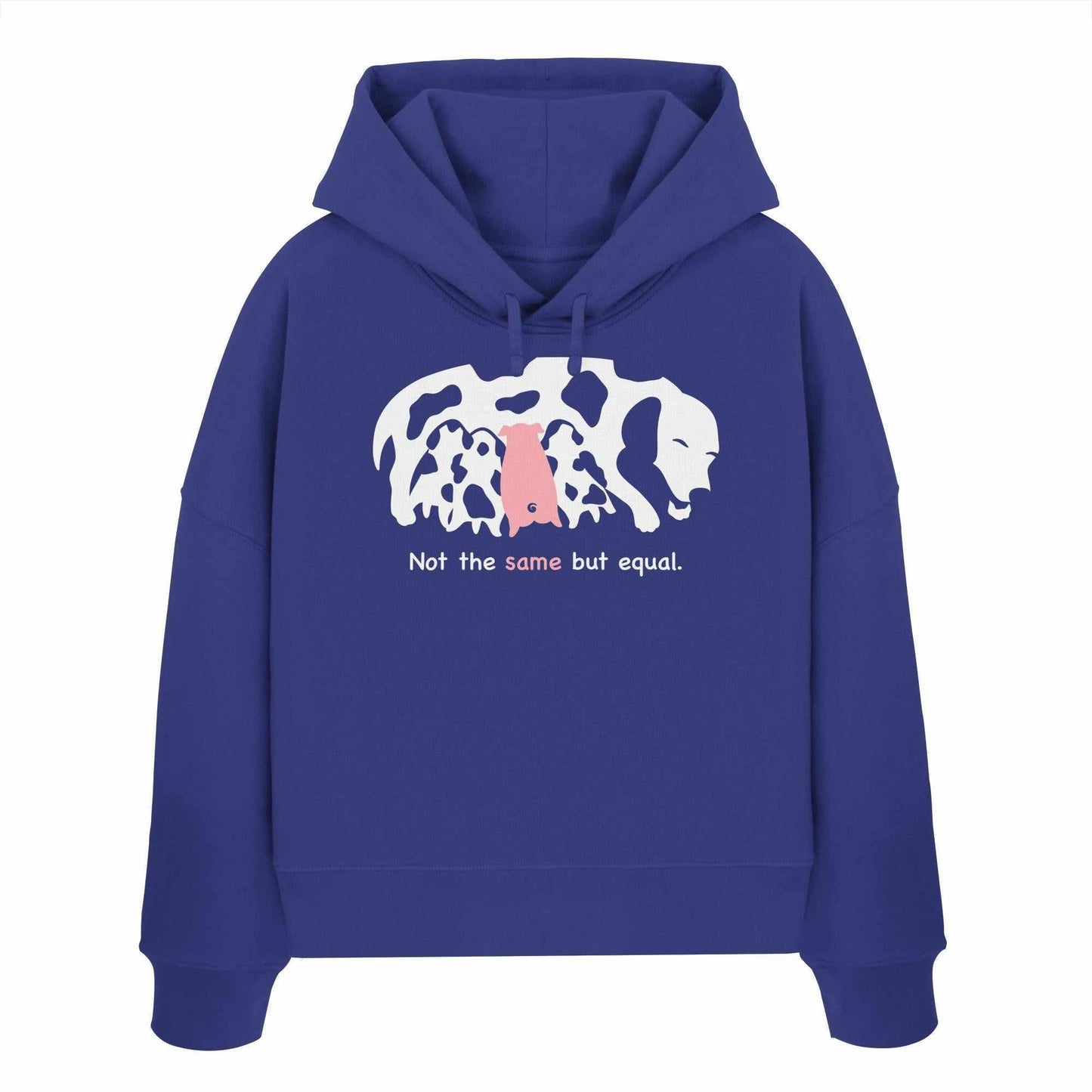 Vegan und Bio Crop Hoodie: Animal equality, blau mit Aufdruck eines weißen und pinken Hundes, aus 100% Bio-Baumwolle, Regular Fit, doppellagige Kapuze.