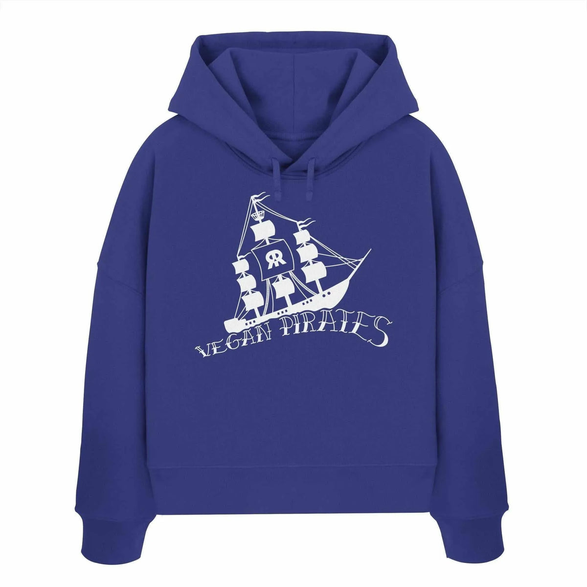 Veganes Bio-Crop-Hoodie mit Kapuze und Kordelzug, Frontprint Piratenschiff, königsblau