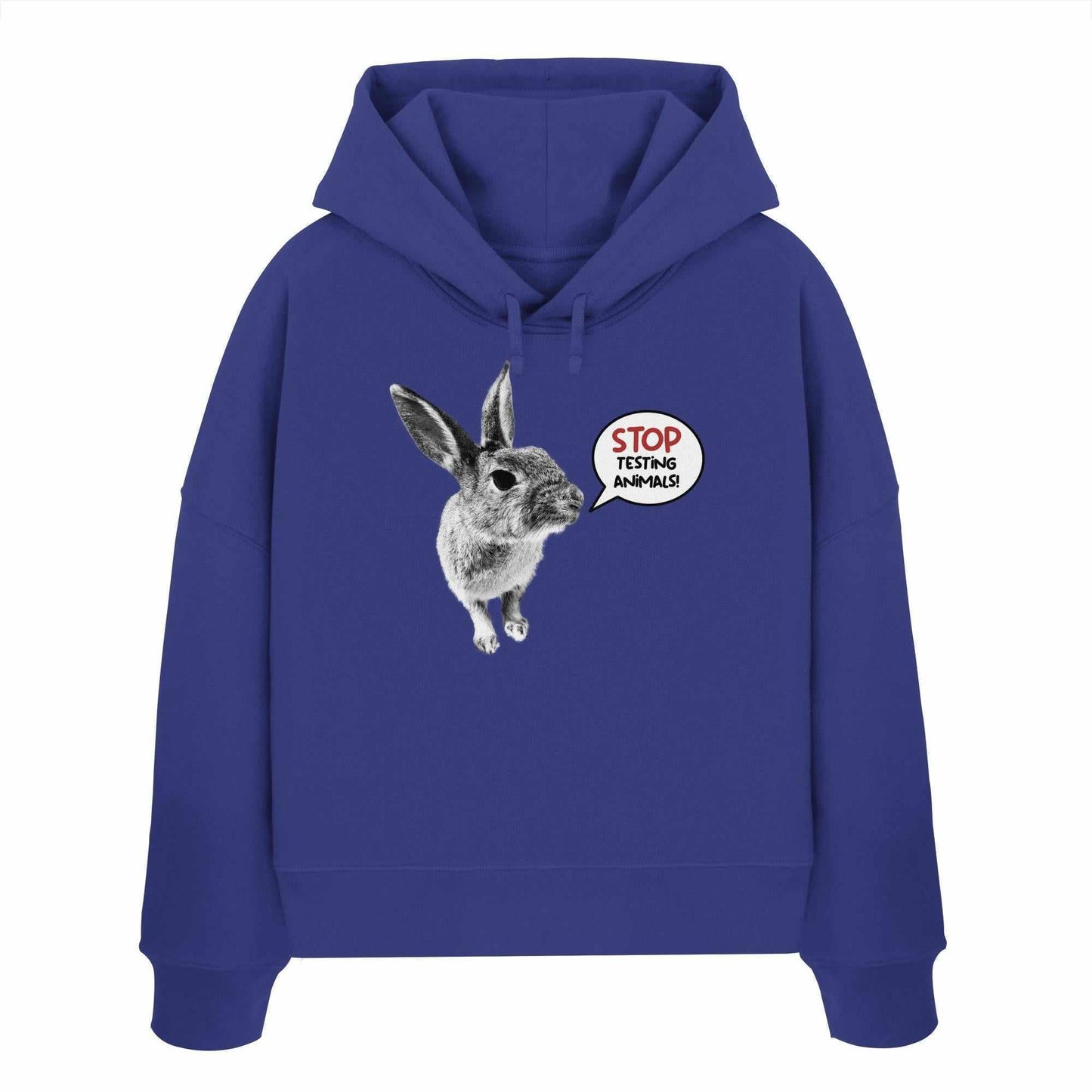 Vegan und Bio Crop Hoodie: Cute Rabbit mit dem Motiv STOP ANIMAL TESTING! auf blauem Hoodie. Hergestellt aus 100% Bio-Baumwolle von RUDE REBEL.