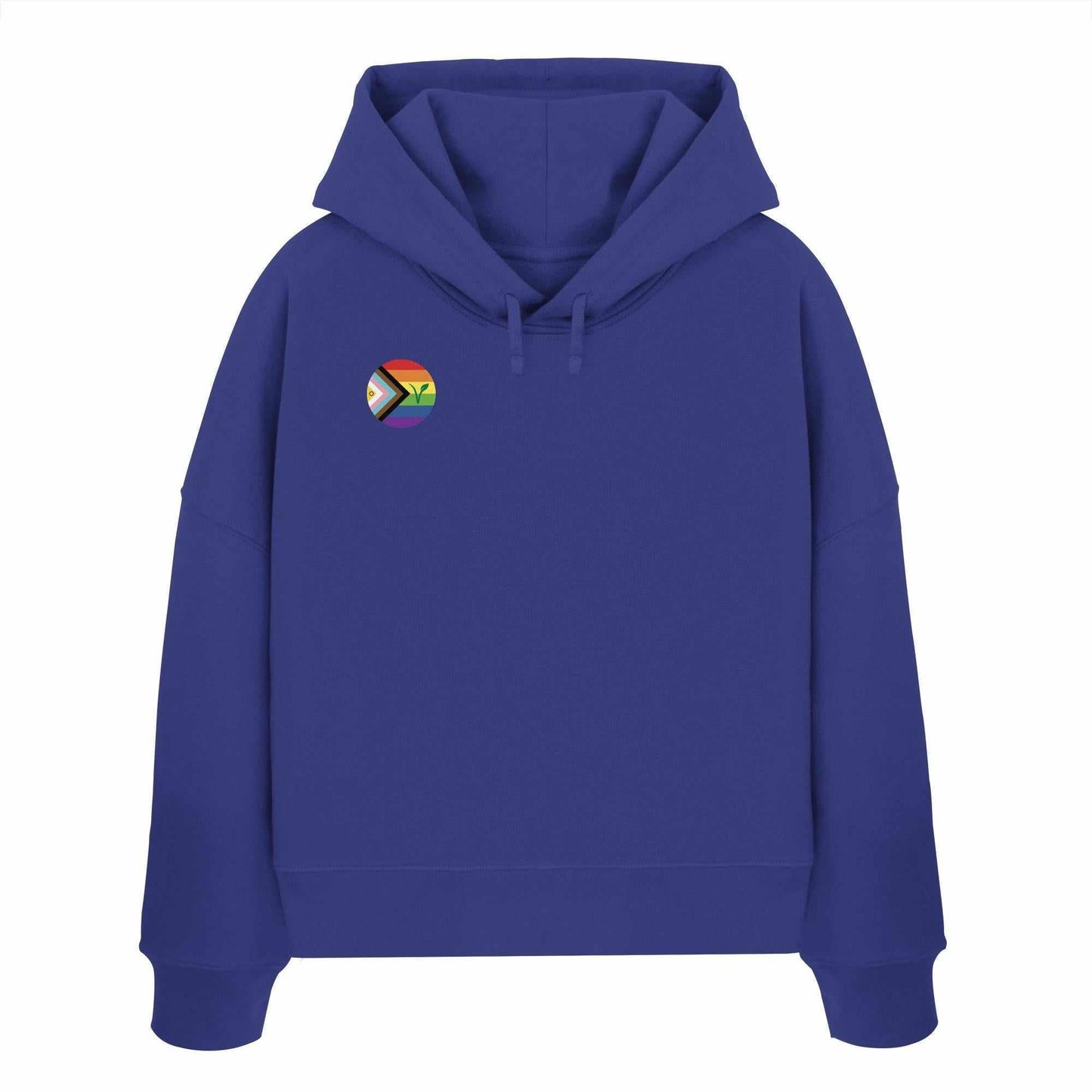 Vegan und Bio Crop Hoodie mit Regenbogen-Logo und Blatt, aus 100% Bio-Baumwolle, symbolisiert LGBTQIA+ und Veganismus.
