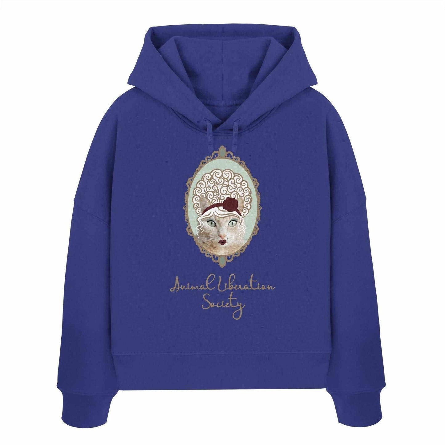 Vegan und Bio Crop Hoodie Miss Cat mit Katzenmotiv, inspiriert von der Animal Liberation Society. Hergestellt aus 100% Bio-Baumwolle, Regular Fit.