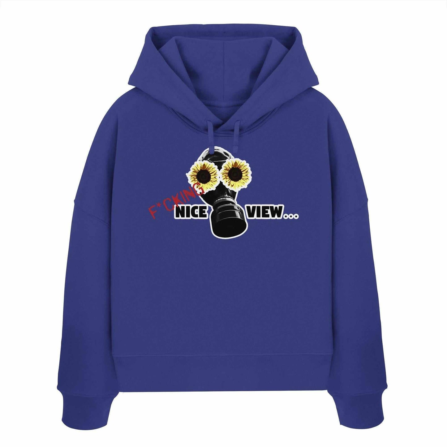 Vegan und Bio Crop Hoodie: Sunflower Mask - F*cking nice view... zeigt ein Gasmaske mit Sonnenblumenmotiv, aus 100% Bio-Baumwolle, rebellisches Design von RUDE REBEL.