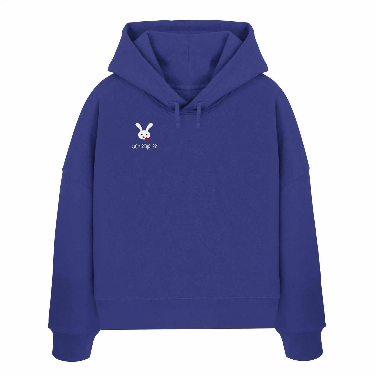 Vegan und Bio Crop Hoodie: Crueltyfree Bunny mit weißem Kaninchenmotiv, doppellagiger Kapuze und Bio-Baumwolle, betont Tierschutz und Nachhaltigkeit.
