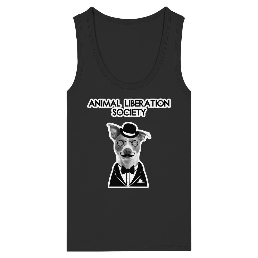 Vegan und Bio Ladies Tank Top: Mr. Dog - Animal Liberation Society, schwarzes ärmelloses Shirt mit stilisiertem Hundekopf und ANIMAL LIBERATION SOCIETY-Schriftzug, aus 100% Bio-Baumwolle.