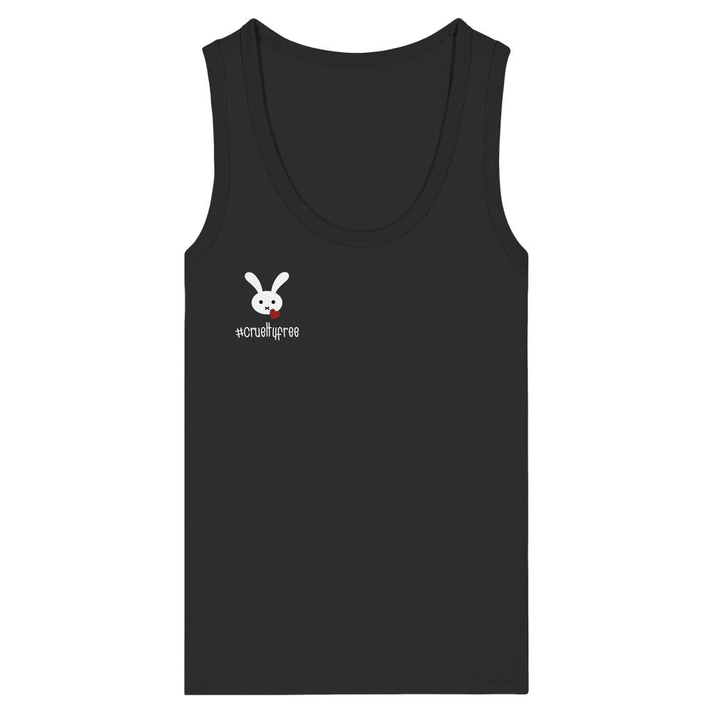 Vegan und Bio Ladies Tank Top: Crueltyfree Bunny zeigt ein schwarzes, ärmelloses Design mit Hashtag und Cartoon-Kaninchenkopf, symbolisiert Tierschutz und nachhaltige Mode aus Bio-Baumwolle.