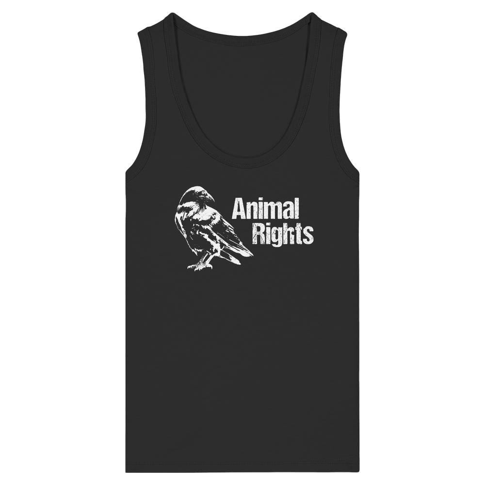 Schwarzes Tanktop aus Bio-Baumwolle mit weißem Raben-Illustration und Animal Rights-Schriftzug, betont Tierrechte und nachhaltige Mode von RUDE REBEL. Enganliegende Passform, ärmellos.