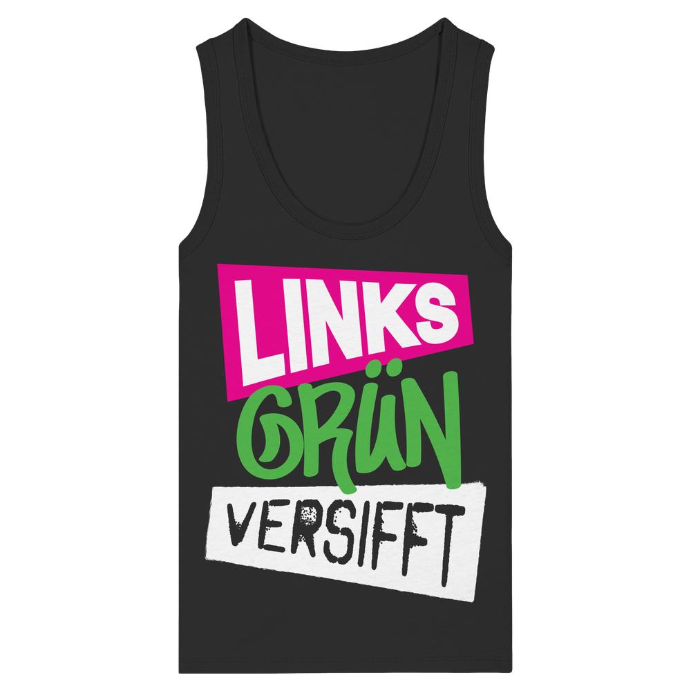 Schwarzes Muskelshirt mit dem Slogan LINKS GRÜN VERSIFFT in verschiedenen Schriftarten, aus 100% Bio-Baumwolle. Enganliegend, ärmellos. Vegan und nachhaltig von RUDE REBEL.