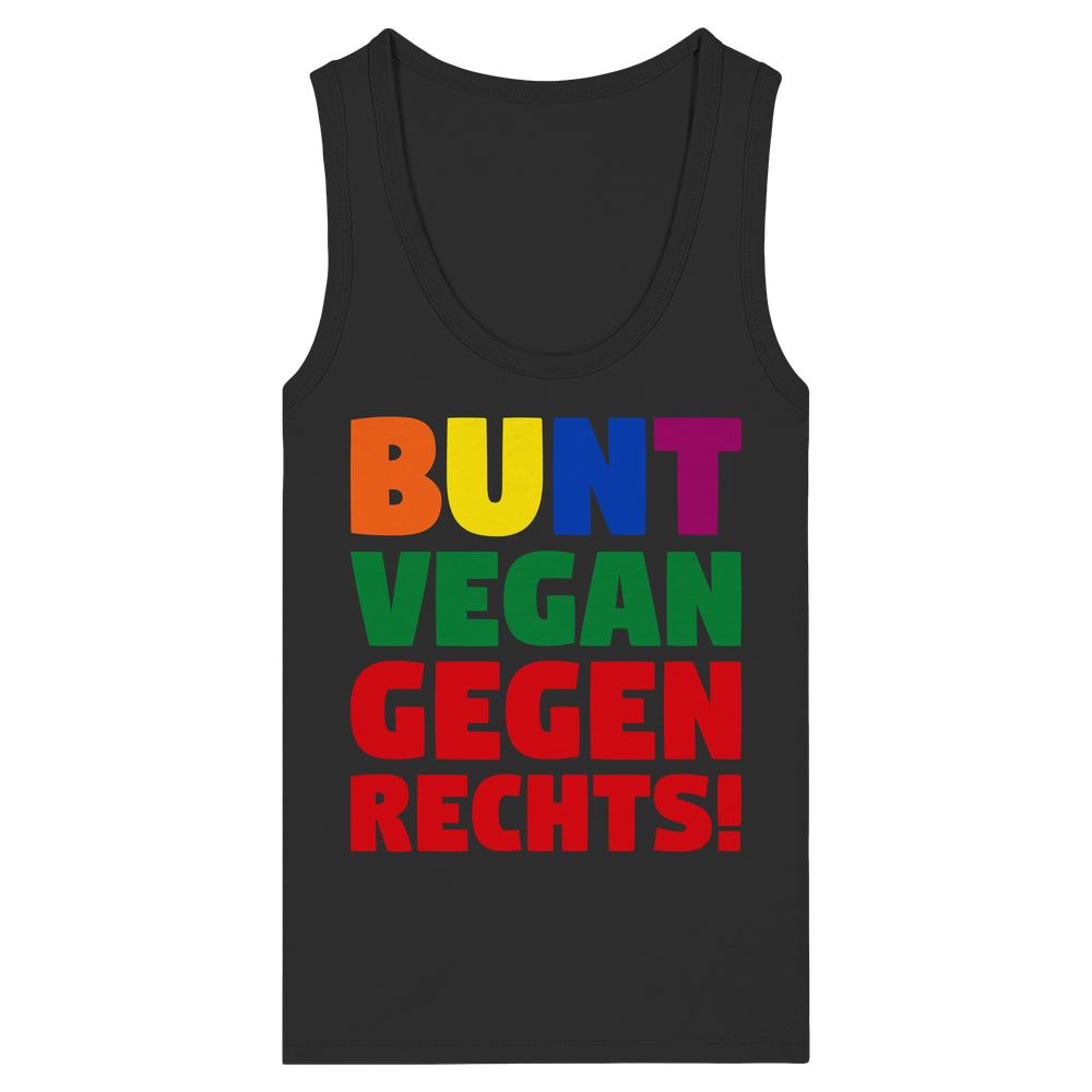 Damen-Tanktop schwarz mit Aufdruck „BUNT VEGAN GEGEN RECHTS!“