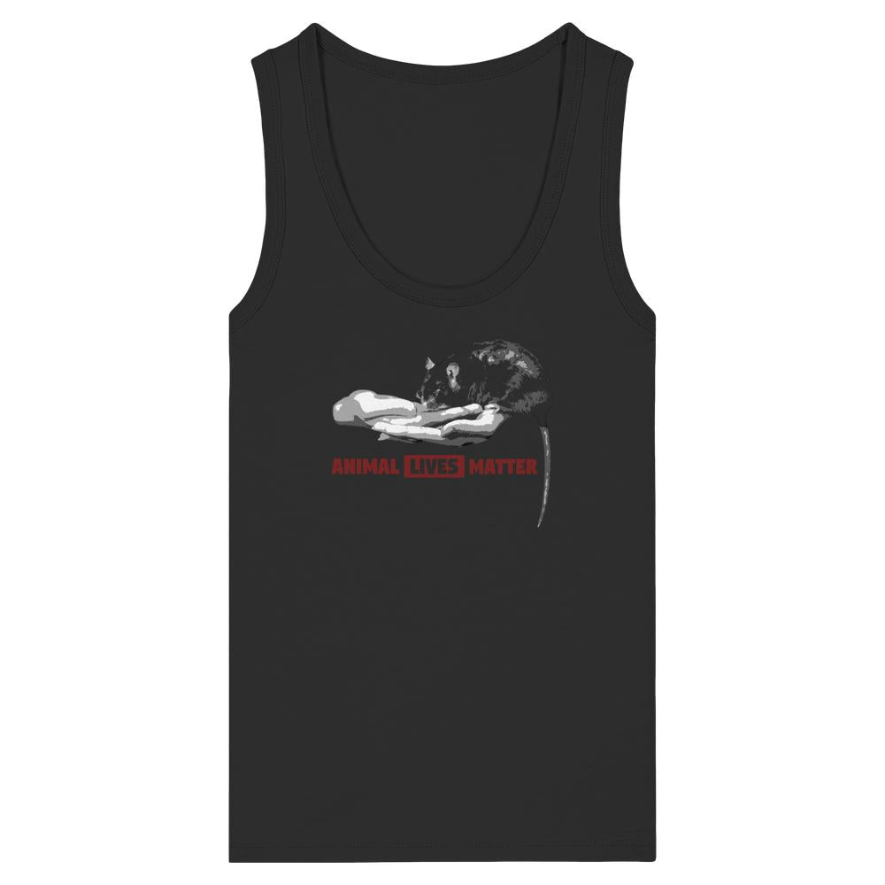 Vegan und Bio Ladies Tank Top: ANIMAL LIVES MATTER mit Hand- und Rattengrafik, betont Tierrechte. Hergestellt aus 100% Bio-Baumwolle, betont vegane, nachhaltige Mode von RUDE REBEL.
