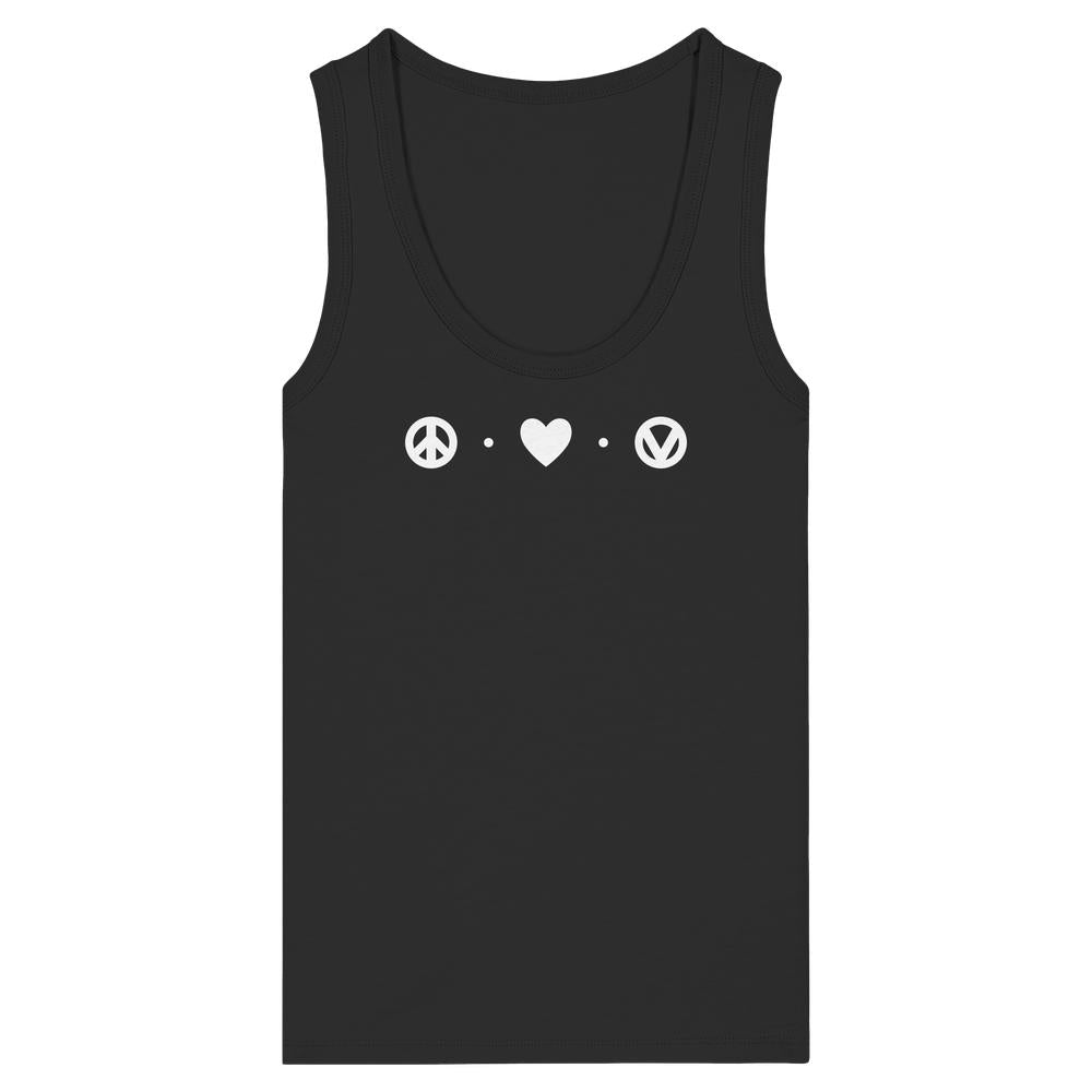 Schwarzes ärmelloses Tanktop mit weißem Aufdruck: Friedenssymbol, Punkt, Herz, Punkt, eingekreistes „V“; Design: „Peace - Love - Veganism“ aus Bio-Baumwolle, eng anliegend.