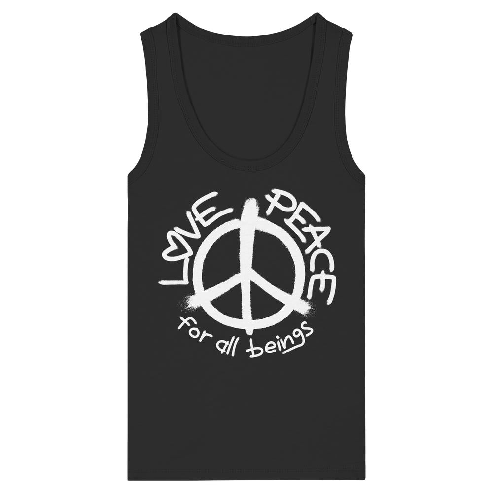 Damen-Tanktop in Schwarz mit Peace-Zeichen und „for all beings“ Aufdruck.
